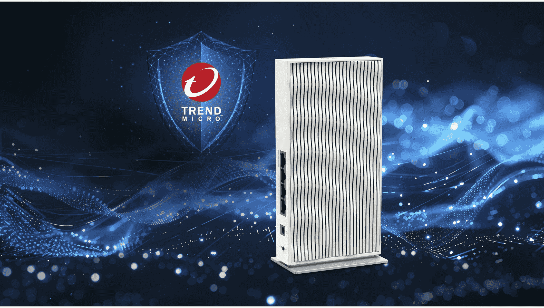 Un routeur blanc Trend Micro se dresse devant un fond numérique bleuoyant avec un symbole de bouclier.