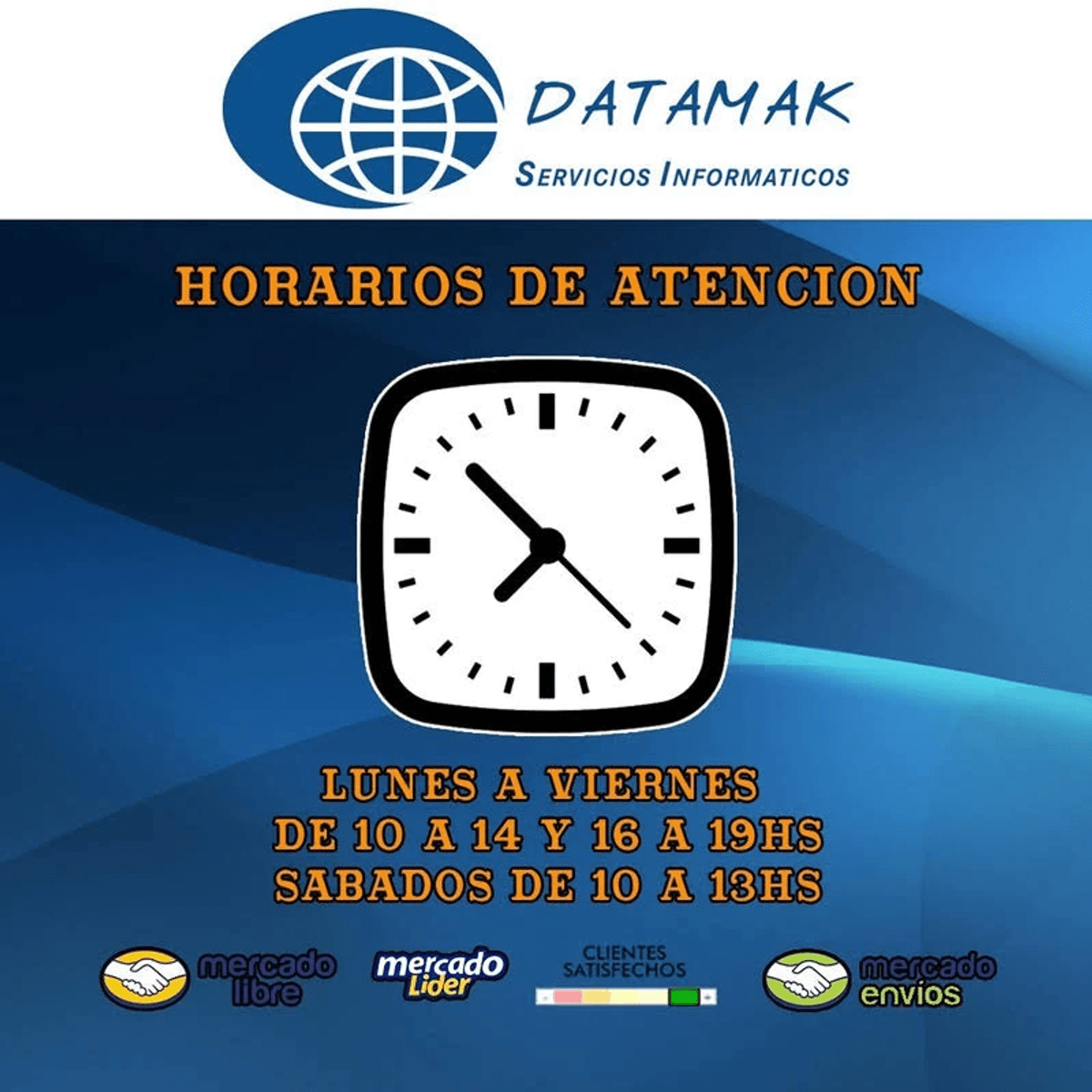 Geschäftszeiten von Datamak mit weißer quadratischer Uhr und Logos auf blauem Hintergrund.