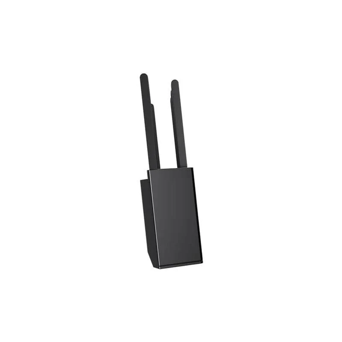 Beyaz bir yüzey üzerinde iki antenli şık, siyah bir elektronik cihaz.