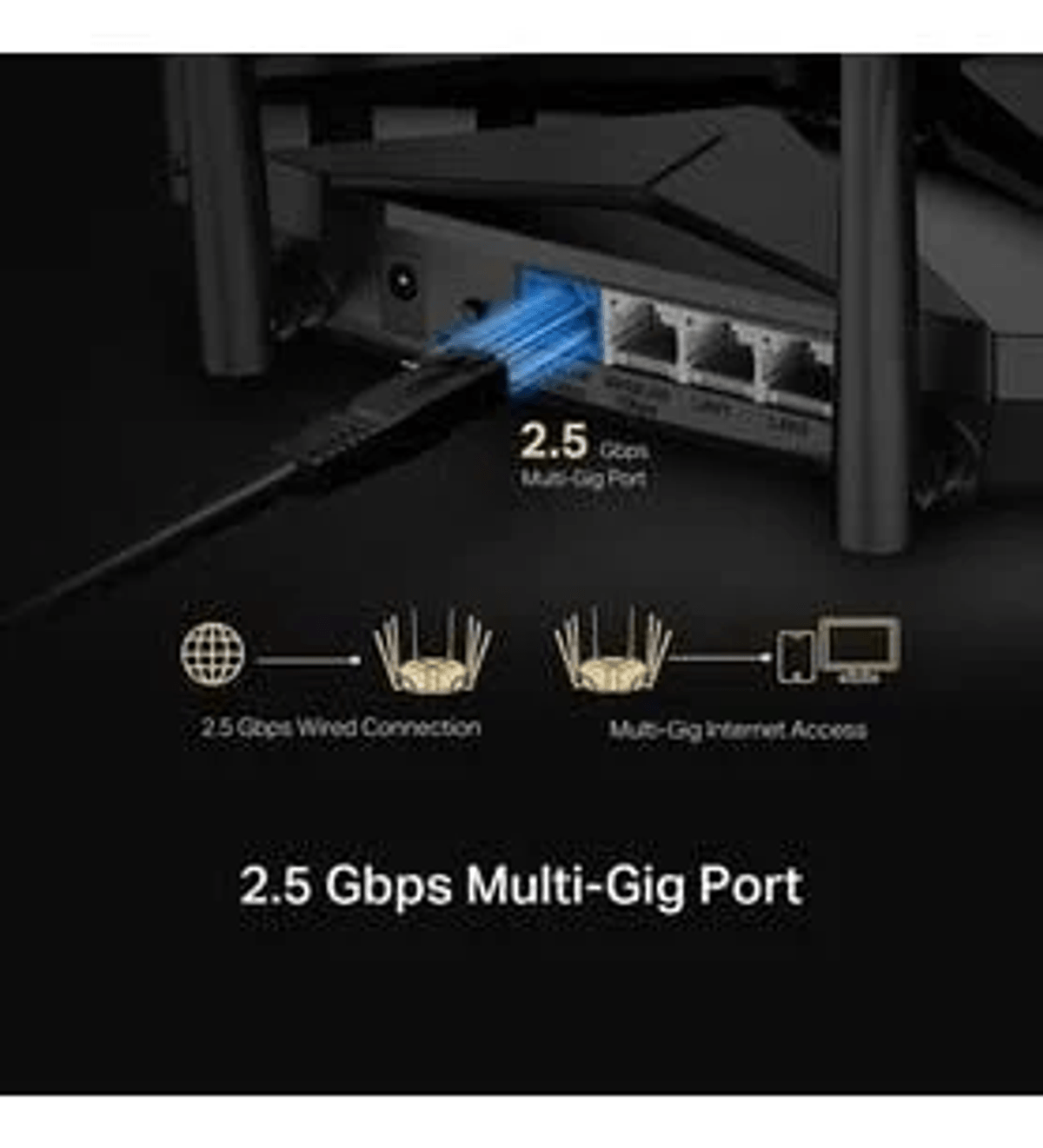 Router nero che mostra una porta multi-gigabit da 2,5 Gbps collegata da un cavo con effetto di luce blu.