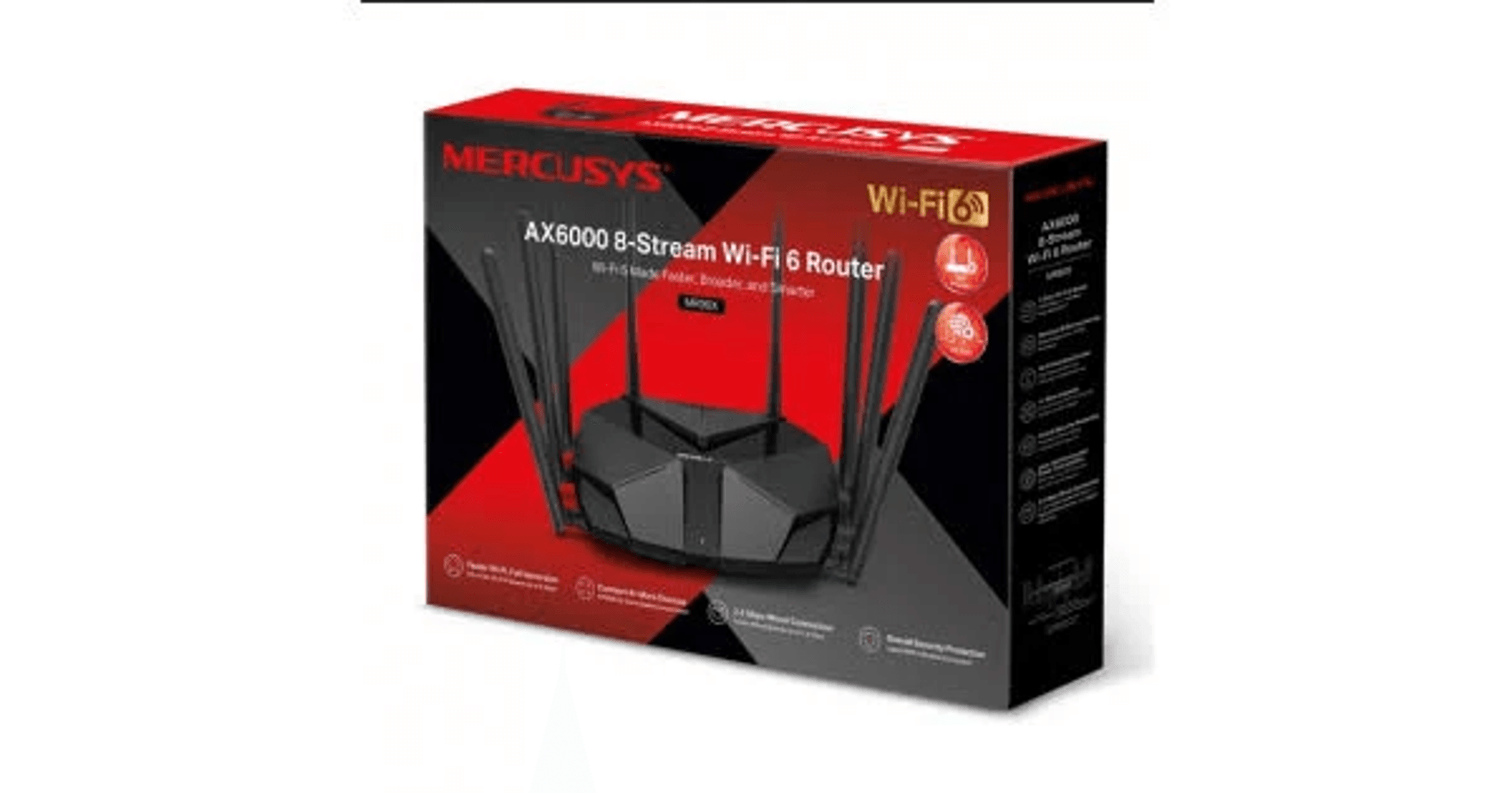 Scatola di imballaggio per un router nero Mercusys AX6000 8-Stream Wi-Fi 6 con più antenne.