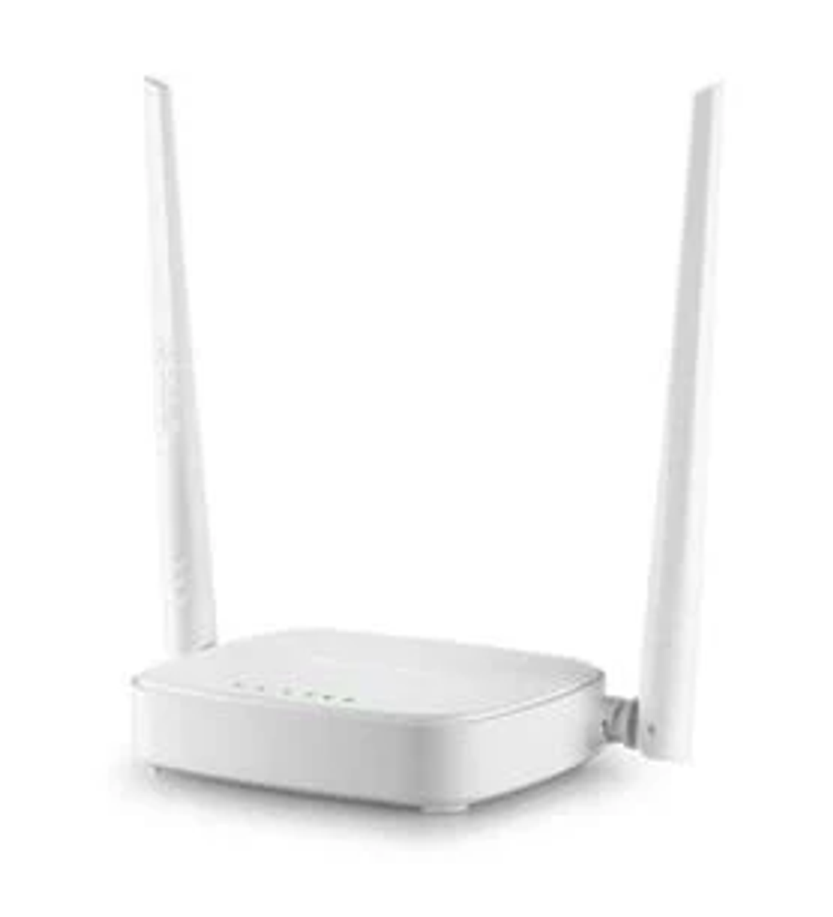 Un router Wi-Fi bianco con due antenne verticali su sfondo bianco.