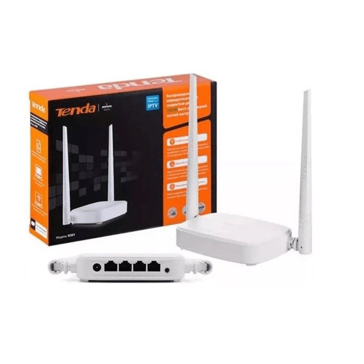 Un router Wi-Fi Tenda bianco con due antenne, accanto alla sua confezione e alla vista posteriore con le porte.