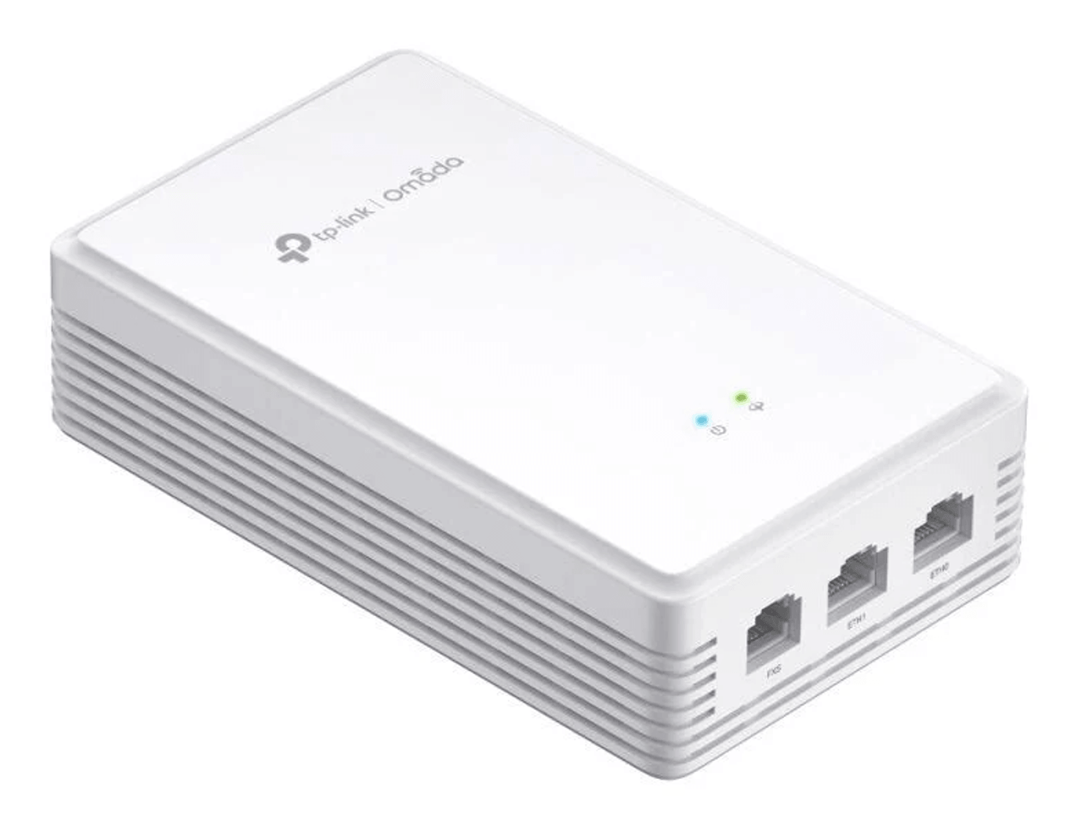 Adattatore di rete TP-Link Omada bianco con porte e indicatori LED su sfondo bianco.