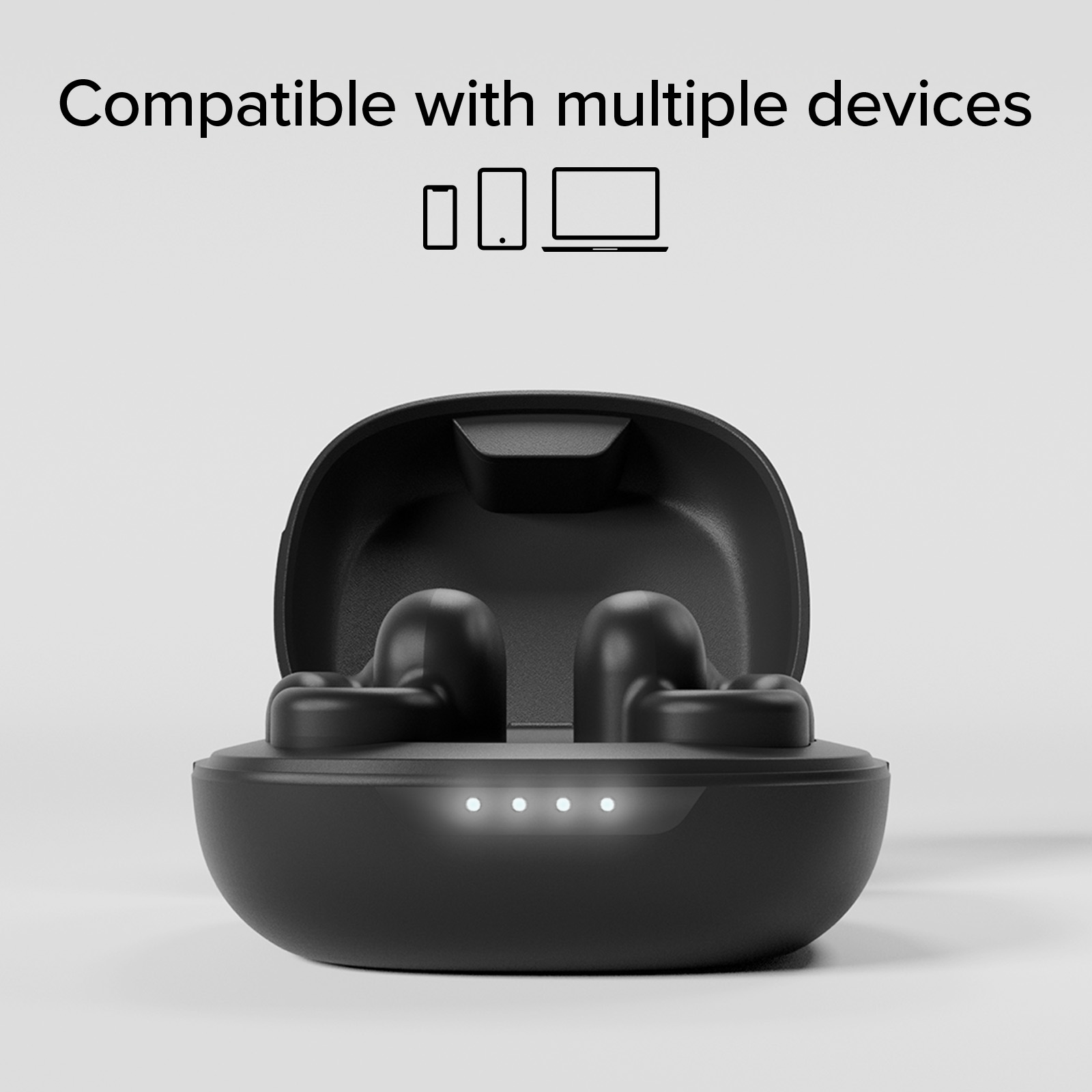 Custodia di ricarica nera con auricolari wireless e quattro indicatori LED luminosi su sfondo chiaro.