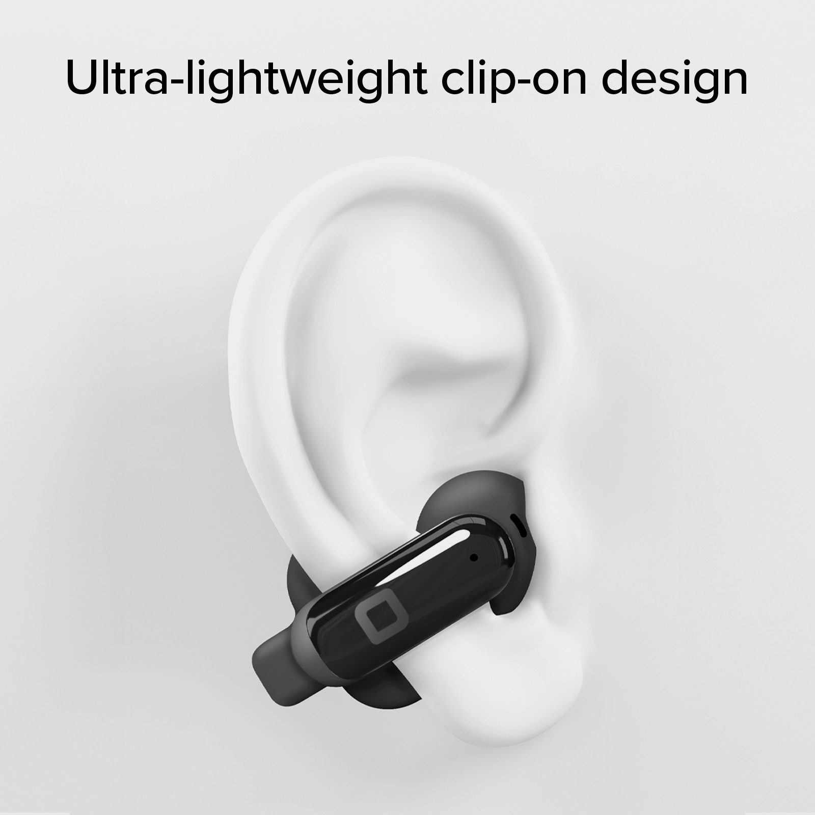 Un auricolare nero a clip è mostrato su un modello di orecchio bianco, con testo.
