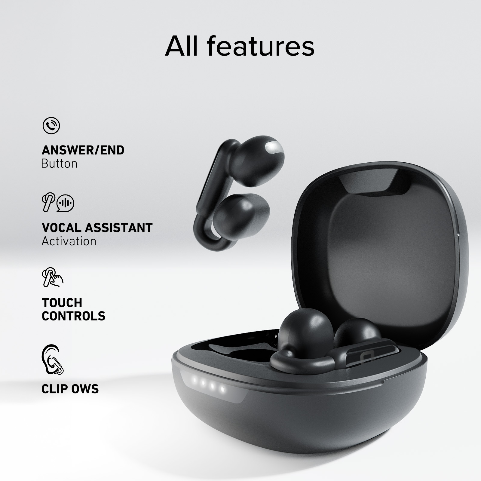 Auricolari neri wireless in custodia di ricarica con icone e il titolo Tutte le funzioni.