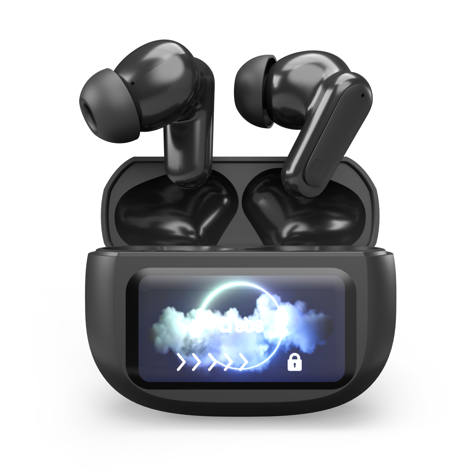Auricolari wireless neri in una custodia di ricarica aperta con uno schermo digitale frontale che mostra un'icona di nuvola.