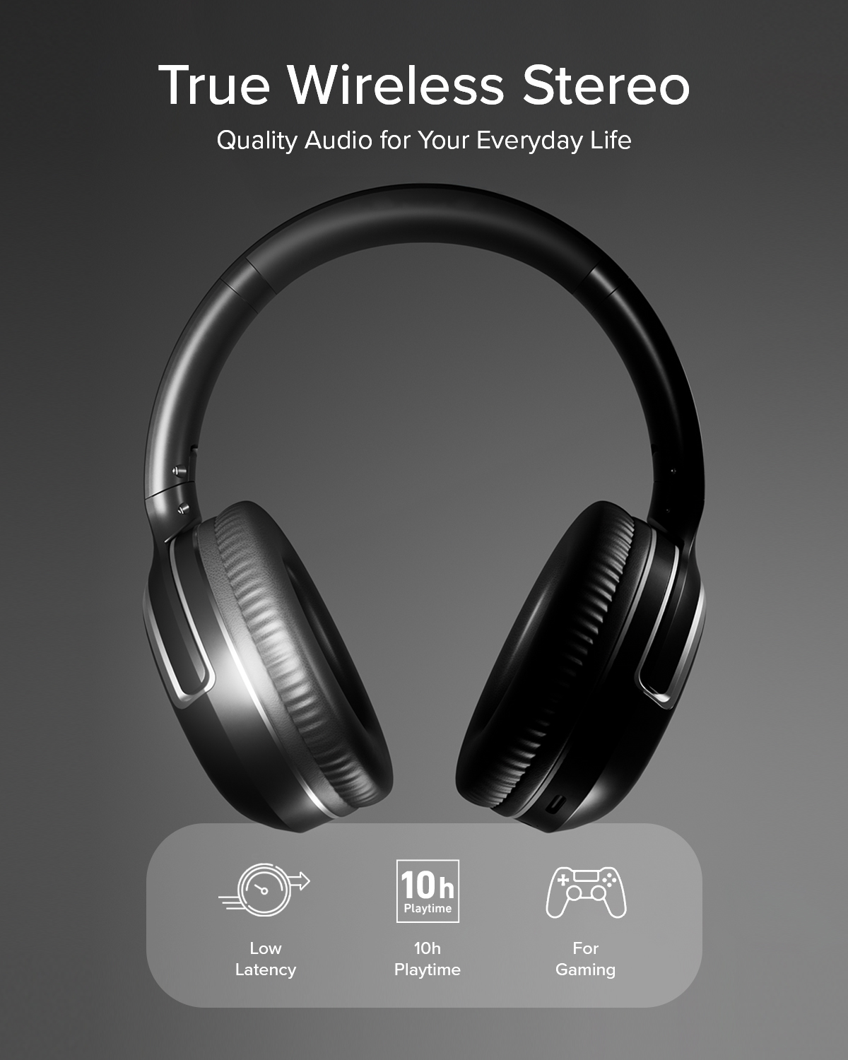 Cuffie over-ear nere con icone per bassa latenza, 10 ore di autonomia e gioco.