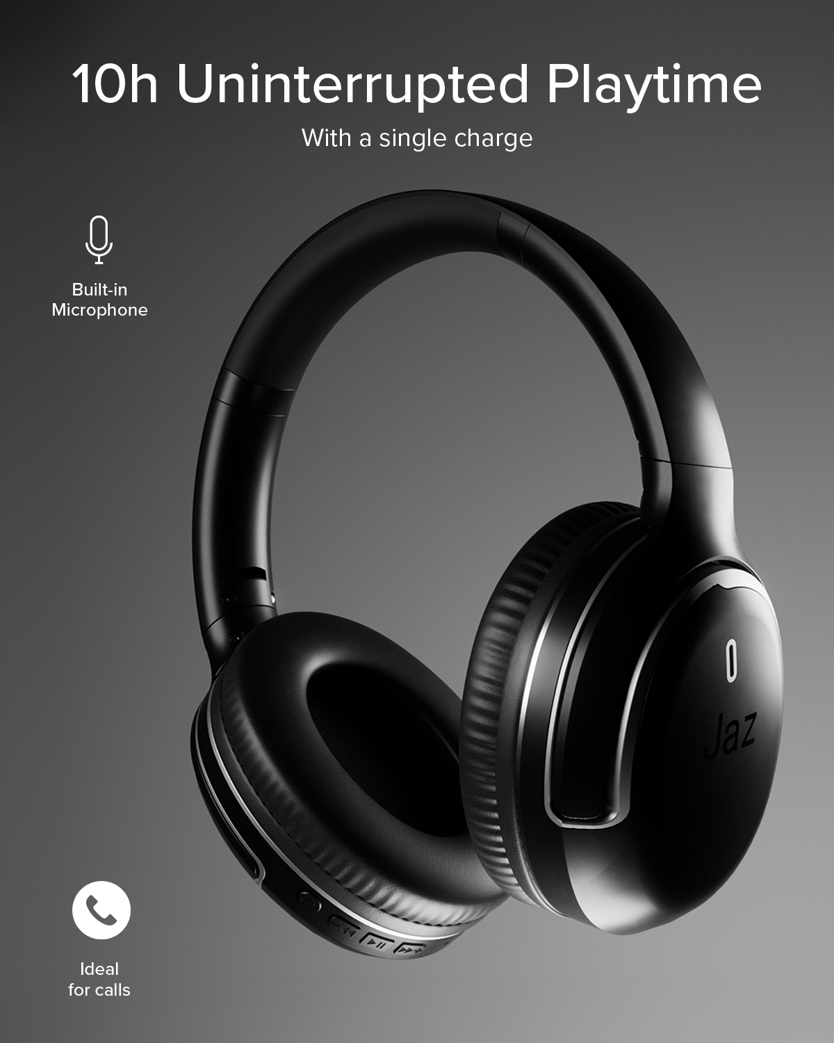 Cuffie over-ear Jaz nere con microfono e 10 ore di autonomia su sfondo grigio.