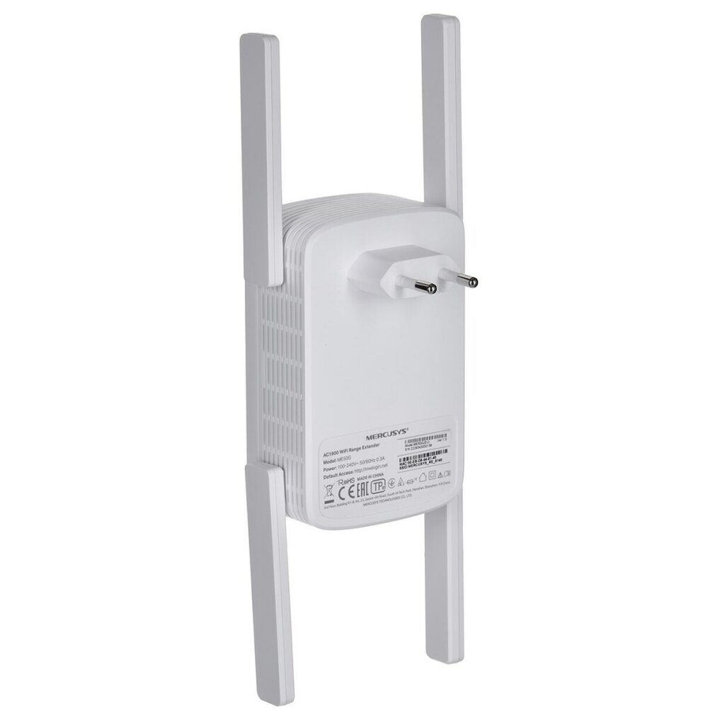 Dikey iki antenli ve Avrupa tipi fişli beyaz Wi-Fi sinyal genişletici, sade arka planda.