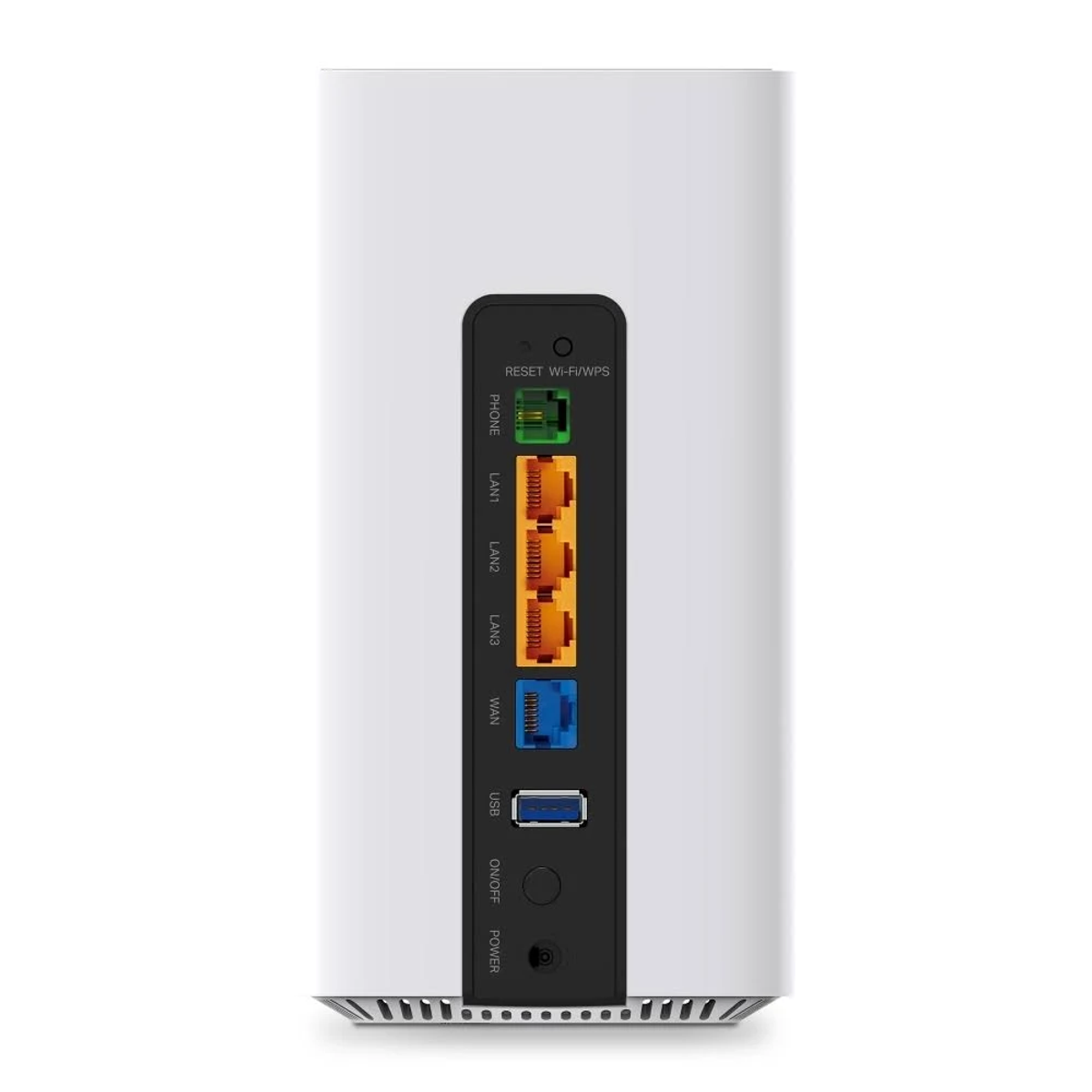 Pannello posteriore di un router bianco che mostra porte Ethernet, telefono, USB e pulsante di accensione.