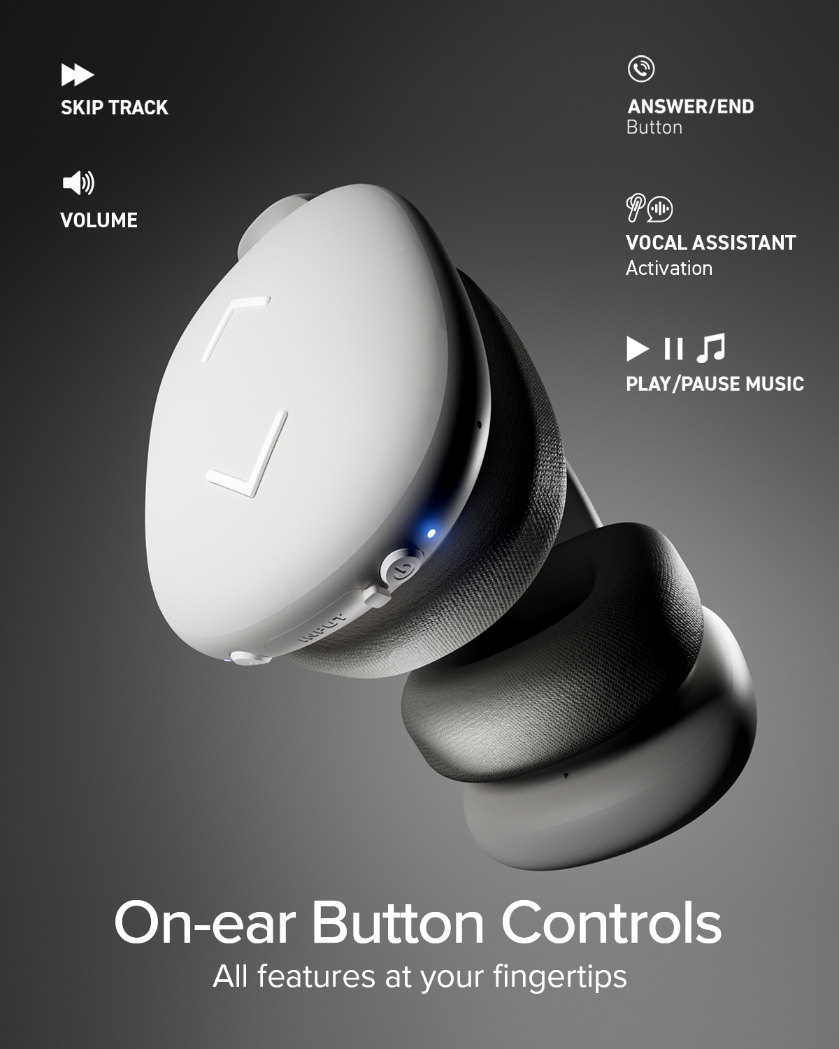 Cuffie on-ear bianche con icone di controllo ed etichette per volume e assistente vocale.