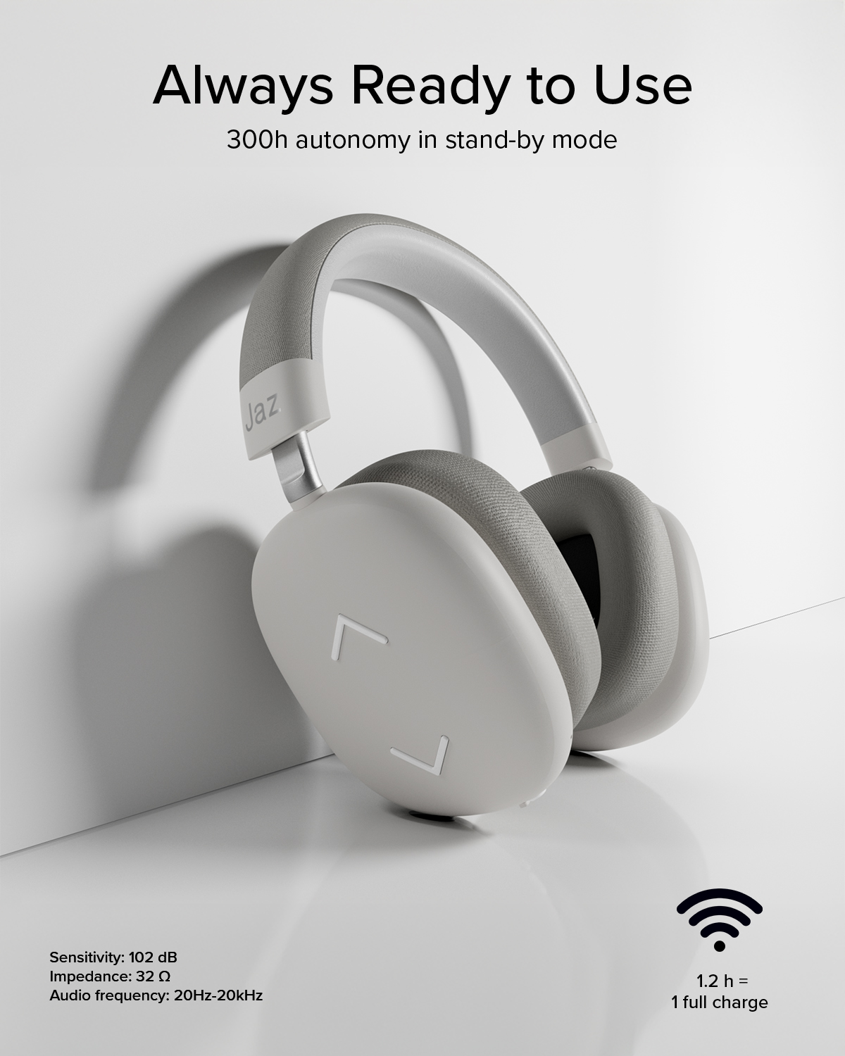 Cuffie over-ear grigie su sfondo bianco con testo e specifiche tecniche.