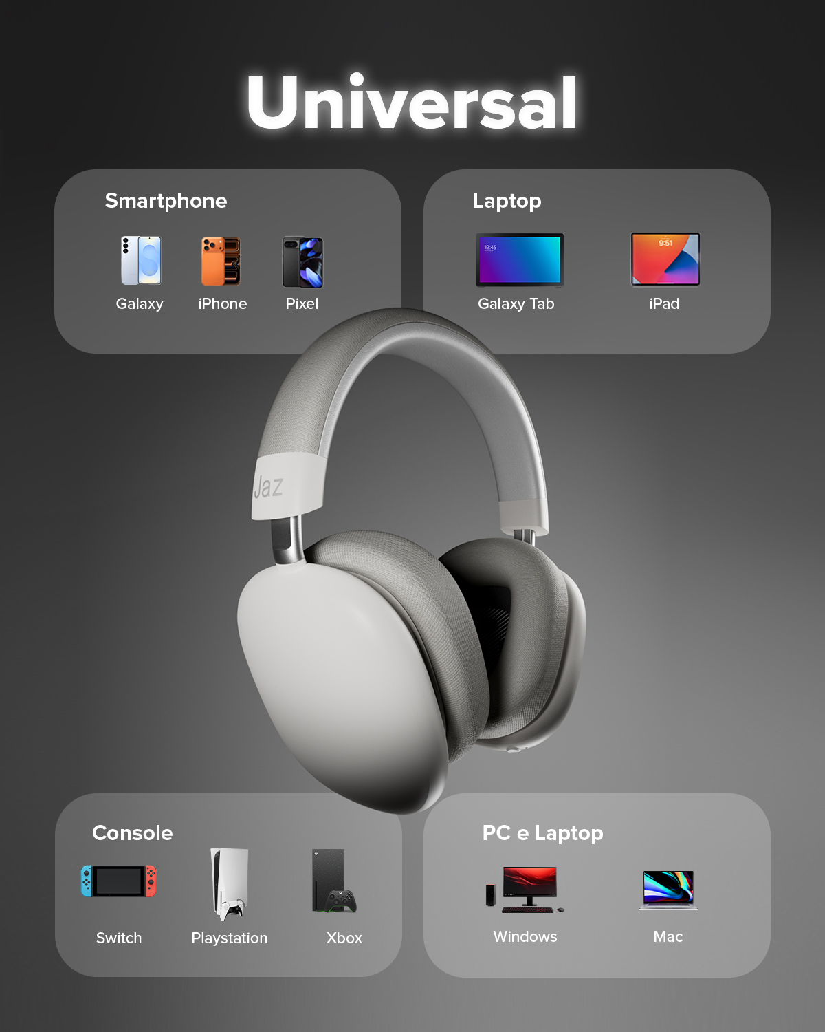 Cuffie universali compatibili con smartphone, laptop, console e PC su sfondo grigio.