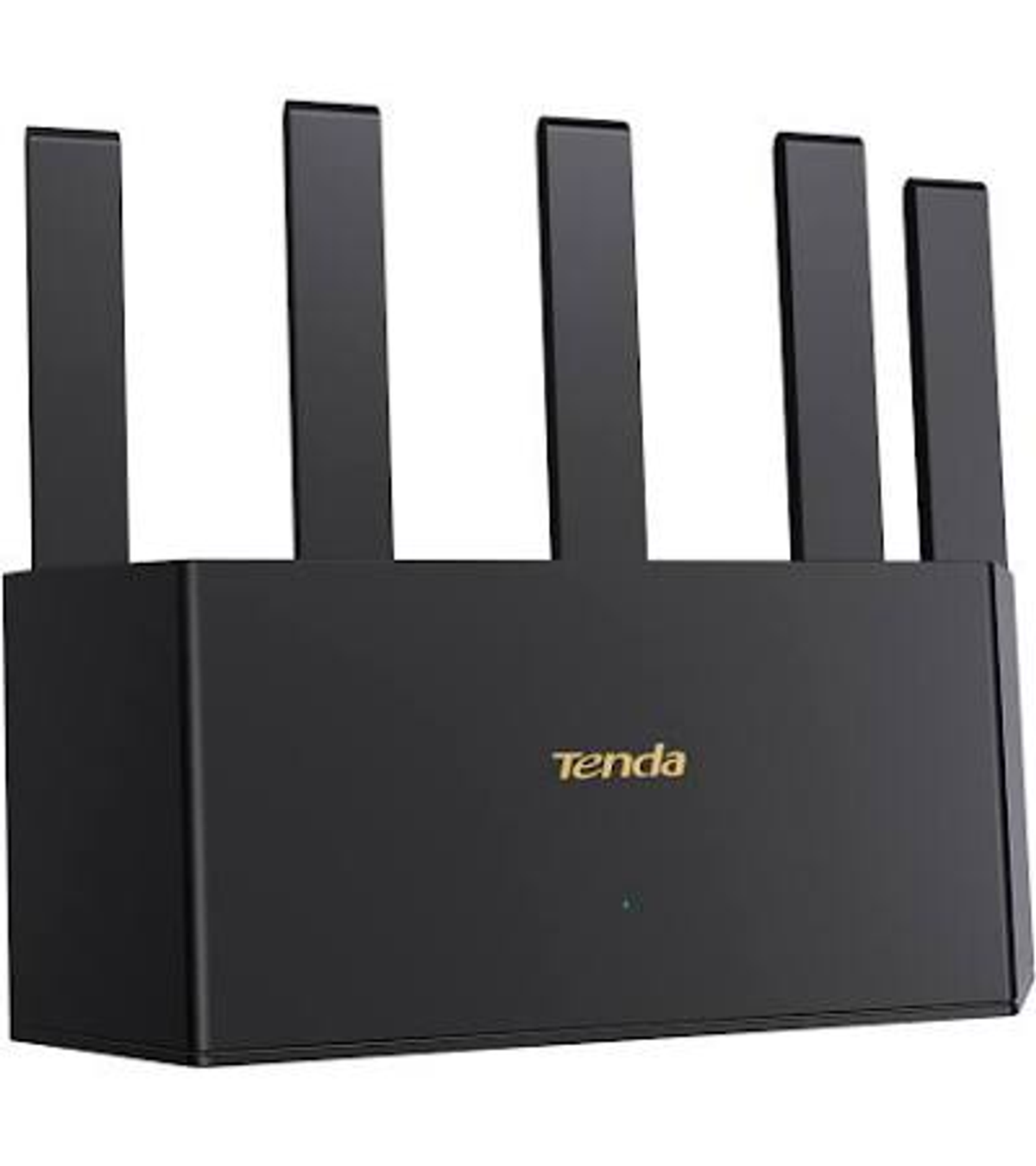 Czarny router Wi-Fi Tenda z pięcioma pionowymi antenami na białym tle.