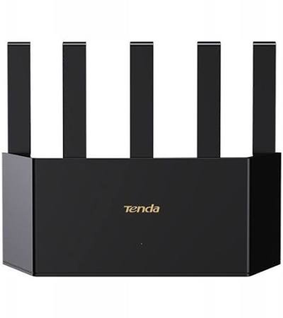 Czarny router Wi-Fi Tenda z pięcioma pionowymi antenami na białym tle.