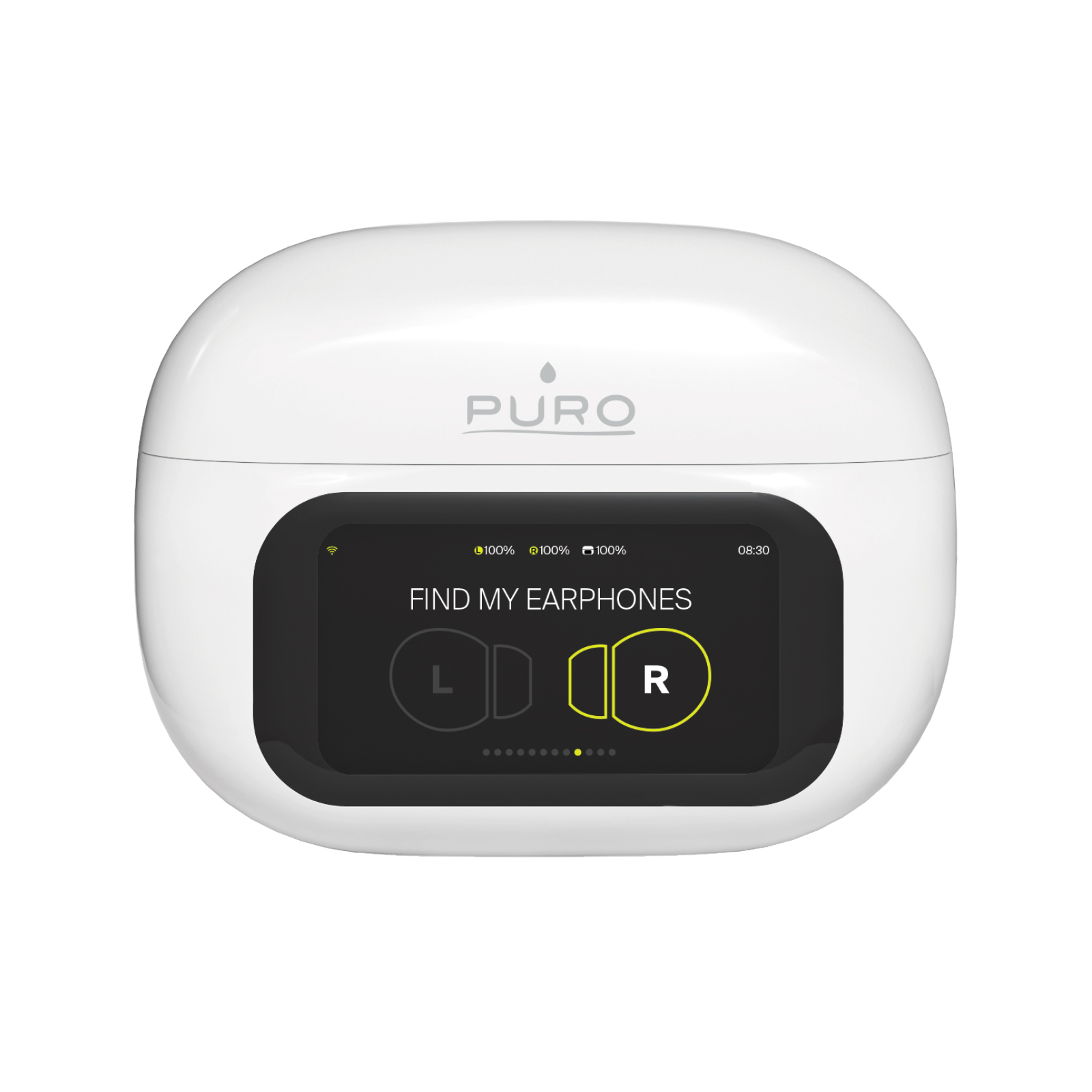 Custodia di ricarica bianca Puro con schermo digitale che mostra 'Find my earphones'.