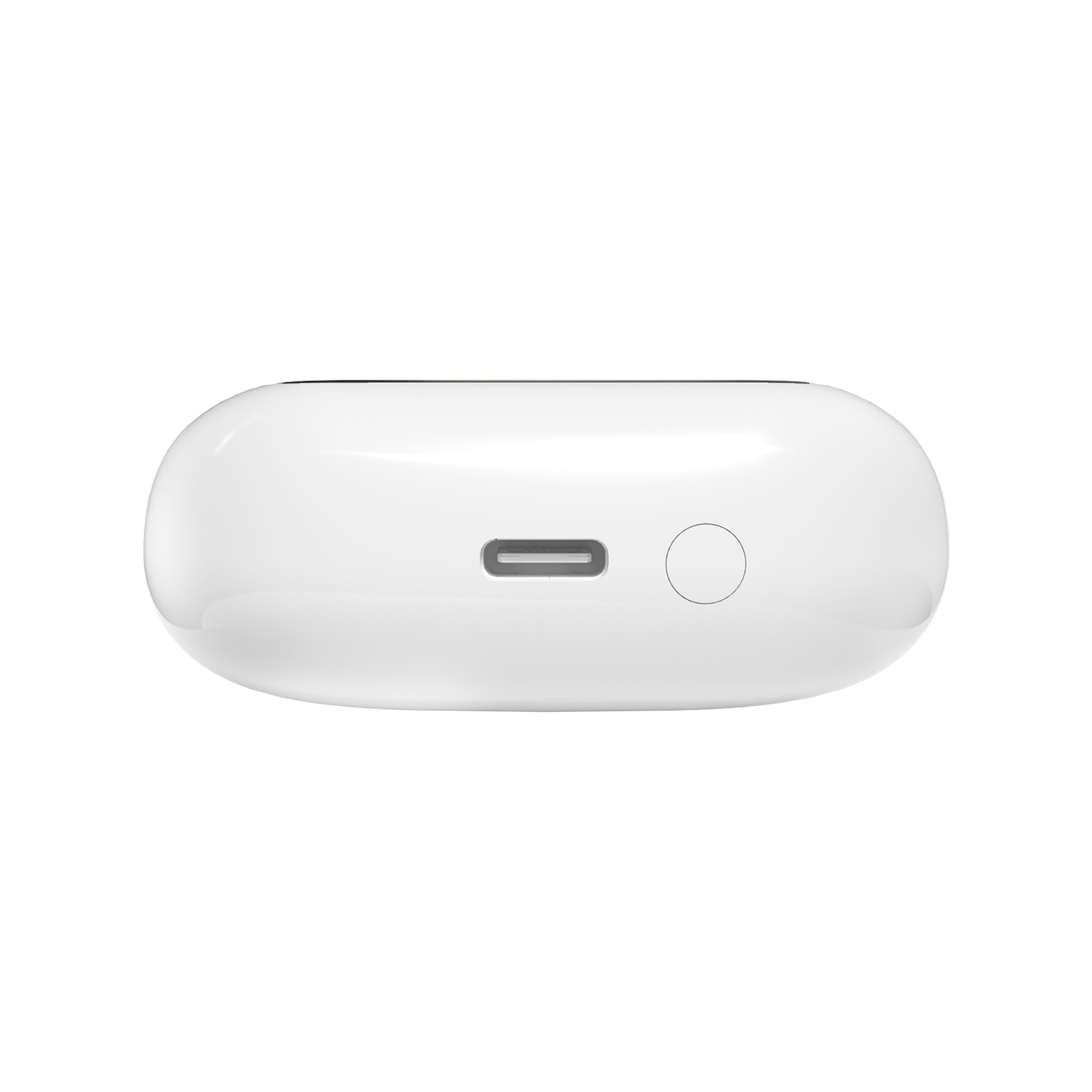 Parte inferiore di una custodia di ricarica bianca con porta USB-C e pulsante circolare, su sfondo bianco.