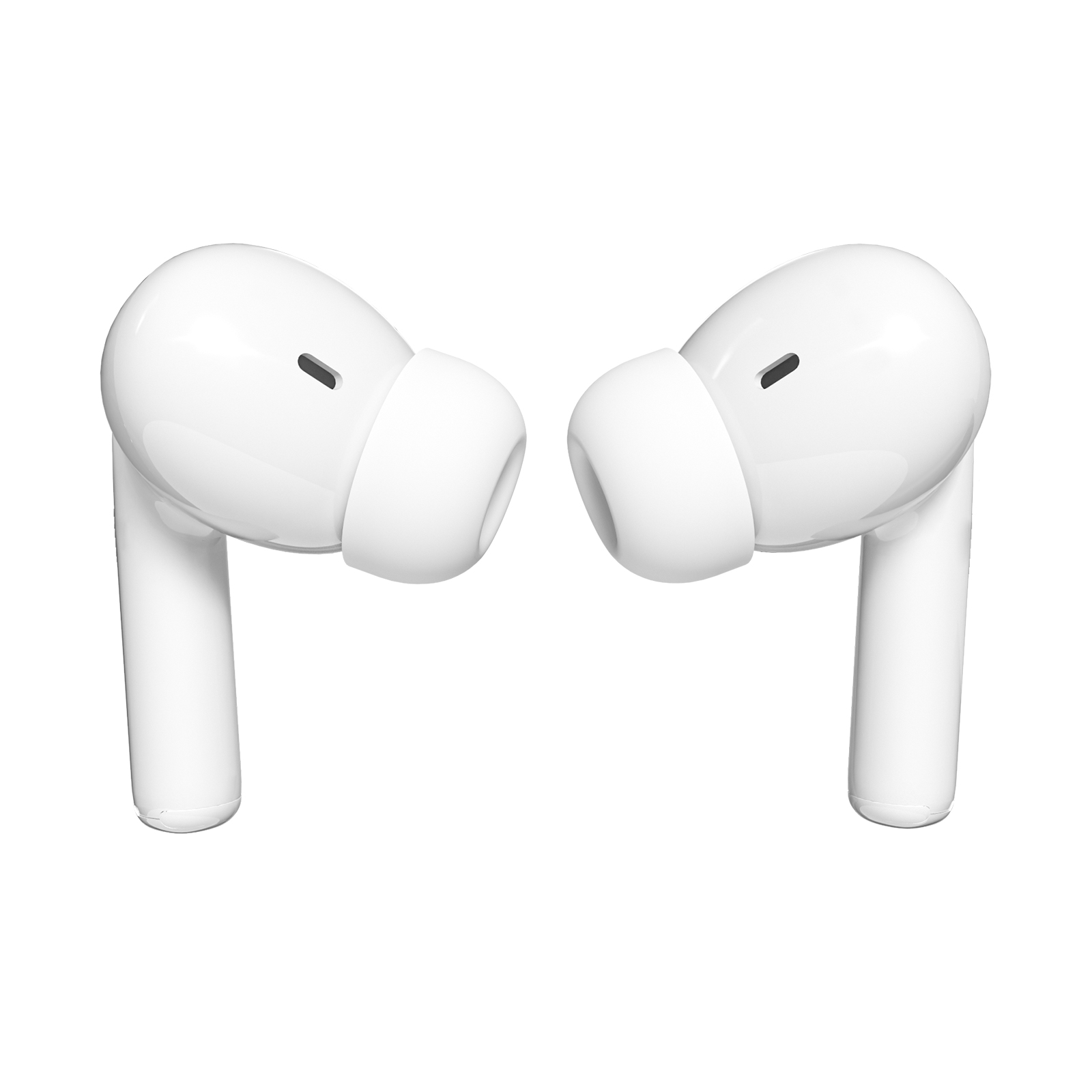 Due cuffie in-ear wireless bianche su uno sfondo bianco.