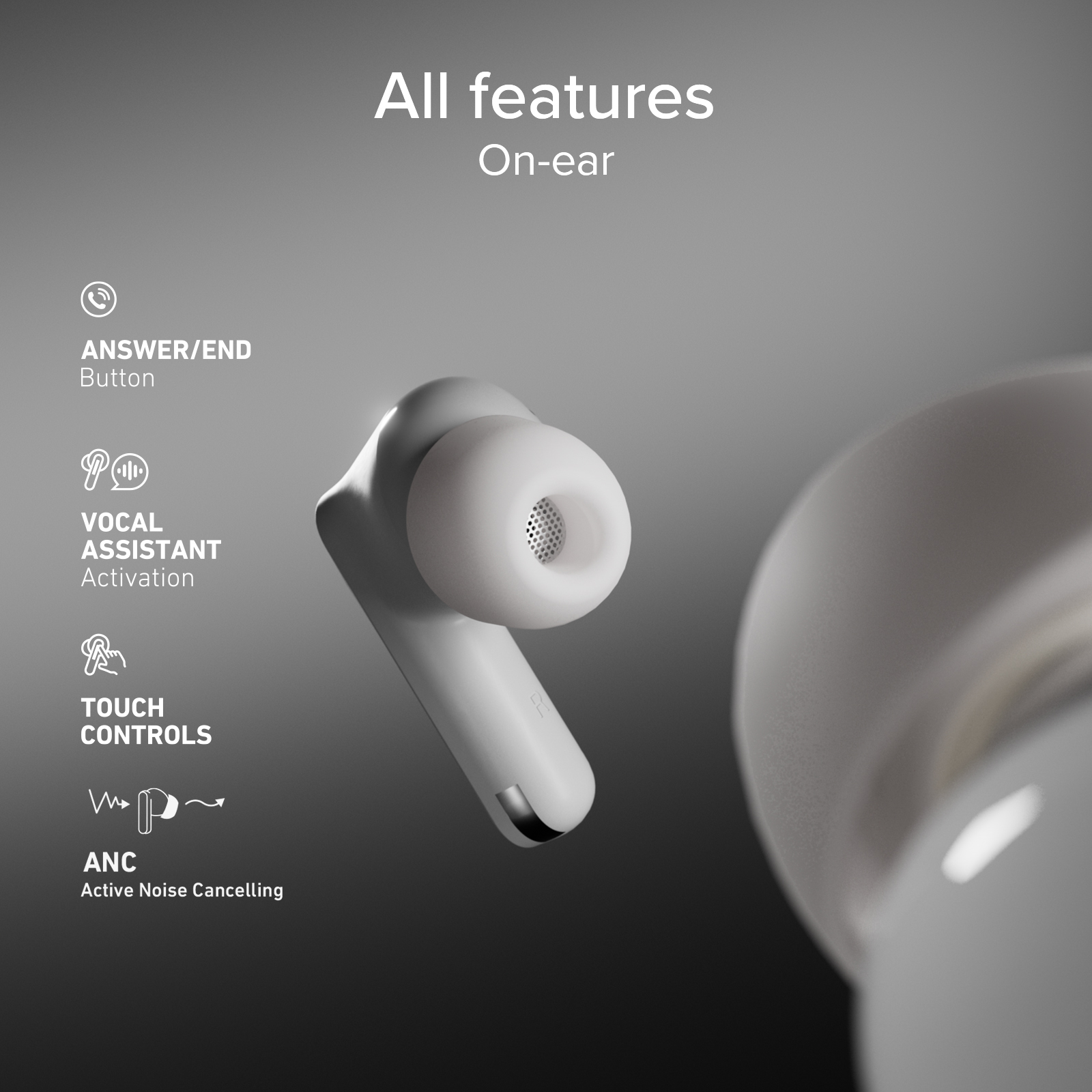 Auricolari wireless bianchi on-ear con comandi touch, ANC e pulsanti su sfondo grigio.