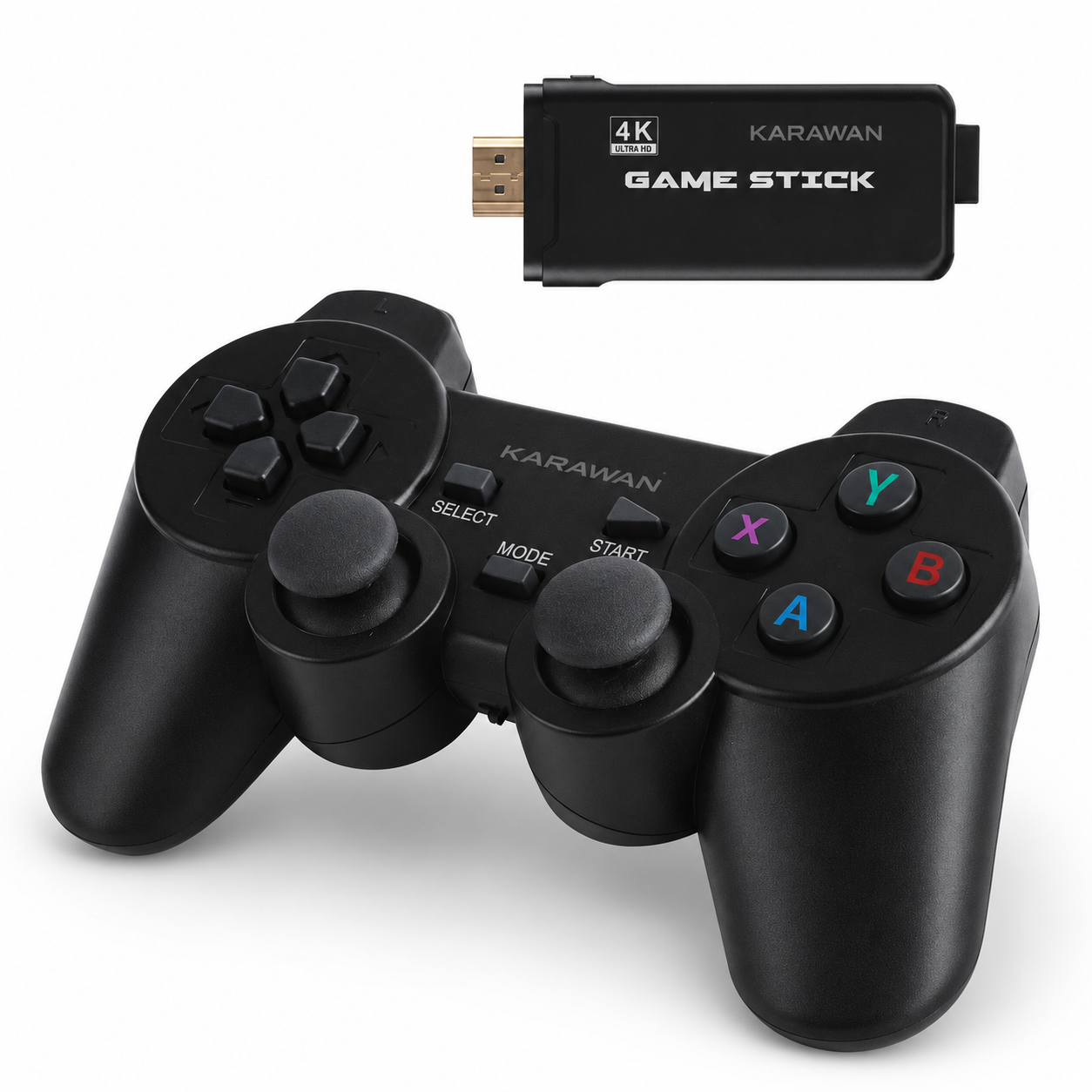 Un mando de juego inalámbrico negro y un stick de juego Karawan 4K sobre fondo blanco.