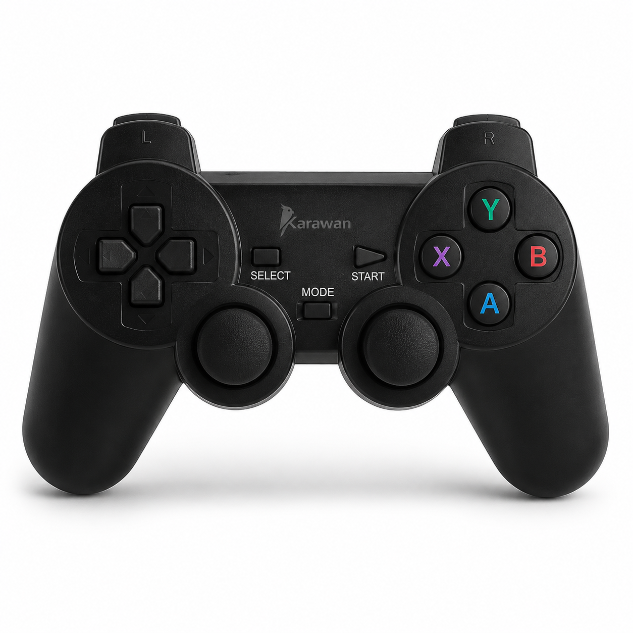 Un mando de juegos negro Karawan con dos joysticks analógicos, una cruceta, botones superiores y botones de acción coloridos.