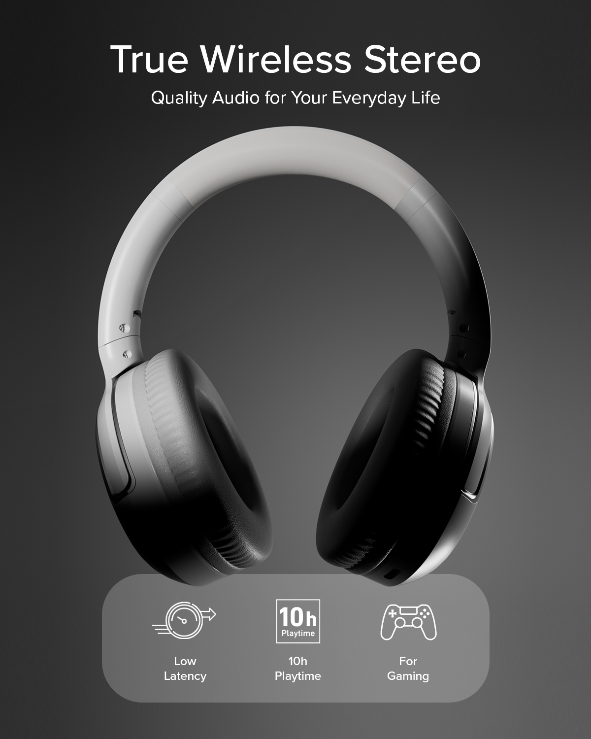 Cuffie wireless su sfondo scuro con testo True Wireless Stereo e icone per giochi e batteria.