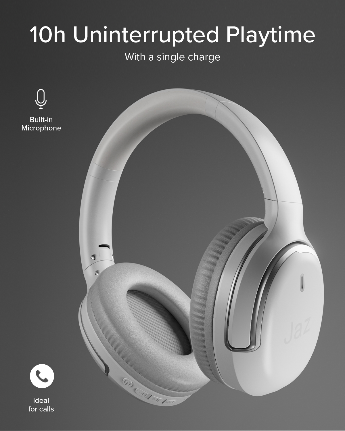 Cuffie over-ear grigie con microfono e 10 ore di autonomia su sfondo grigio.