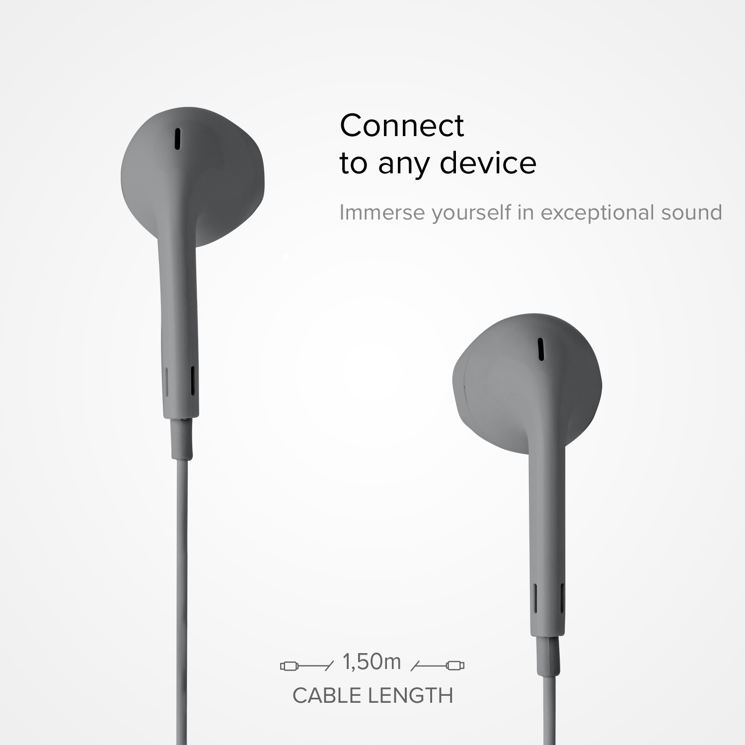 Due auricolari con filo grigi su sfondo bianco con testo sulla connessione dei dispositivi e lunghezza del cavo di 1,50m.