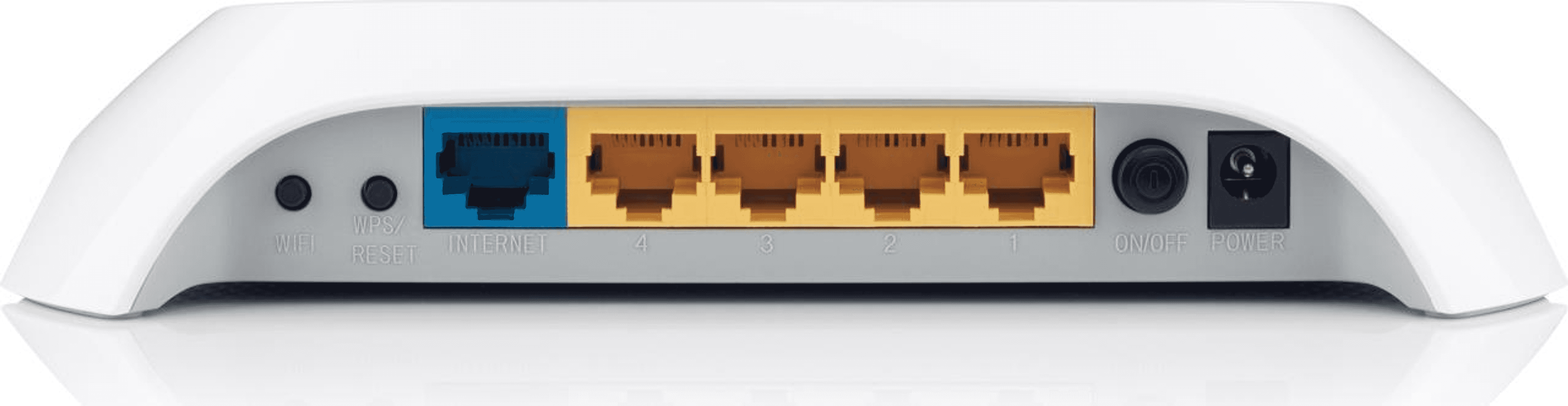 Rückseite eines weißen Routers mit einem blauen Internet-Anschluss, vier gelben LAN-Anschlüssen und einem Power-Schalter.