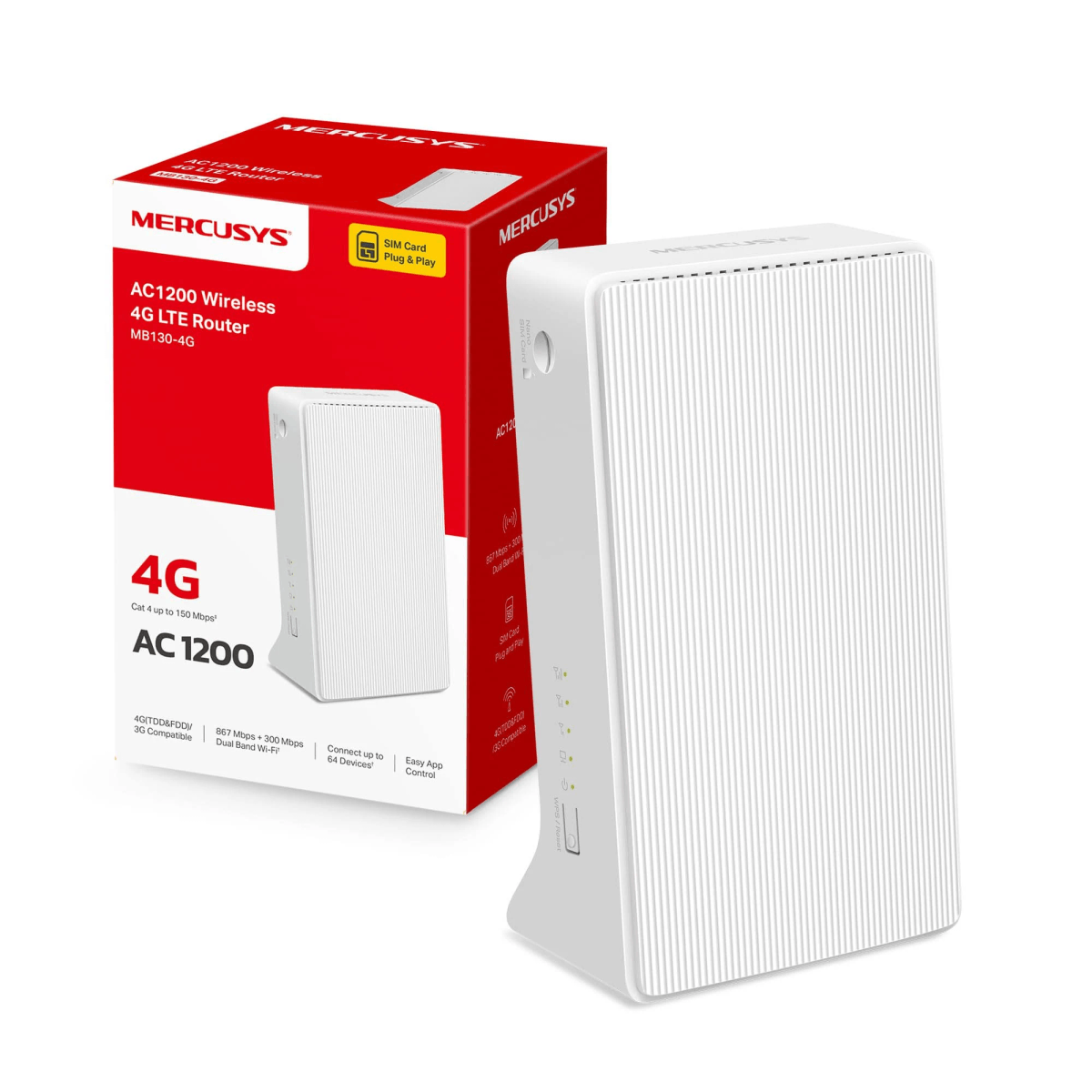 Un router wireless 4G LTE bianco Mercusys è mostrato accanto alla sua confezione rossa e bianca.