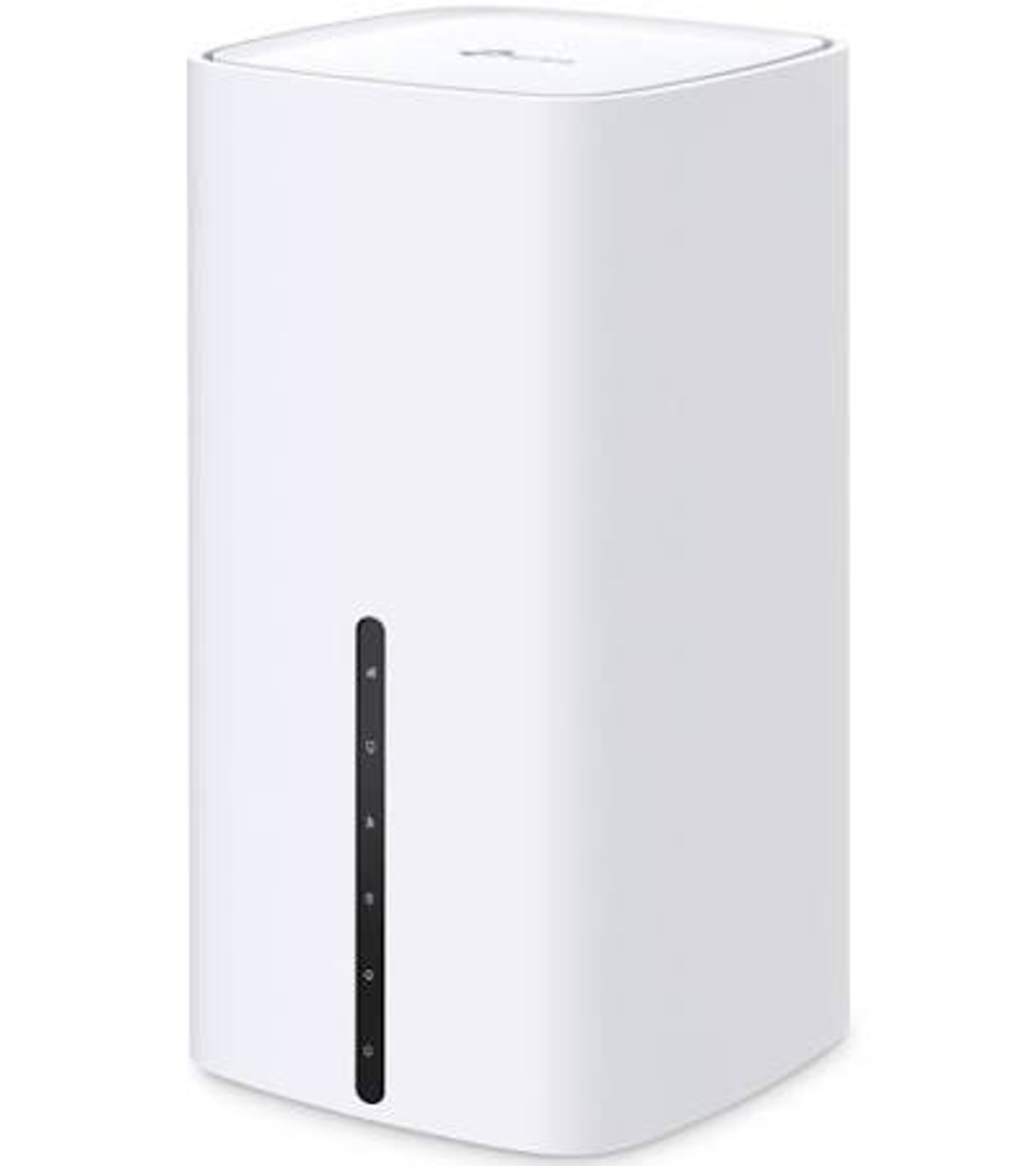 Ein weißer, hoher Router mit abgerundeten Ecken und einem vertikalen schwarzen Statuspanel vorne.