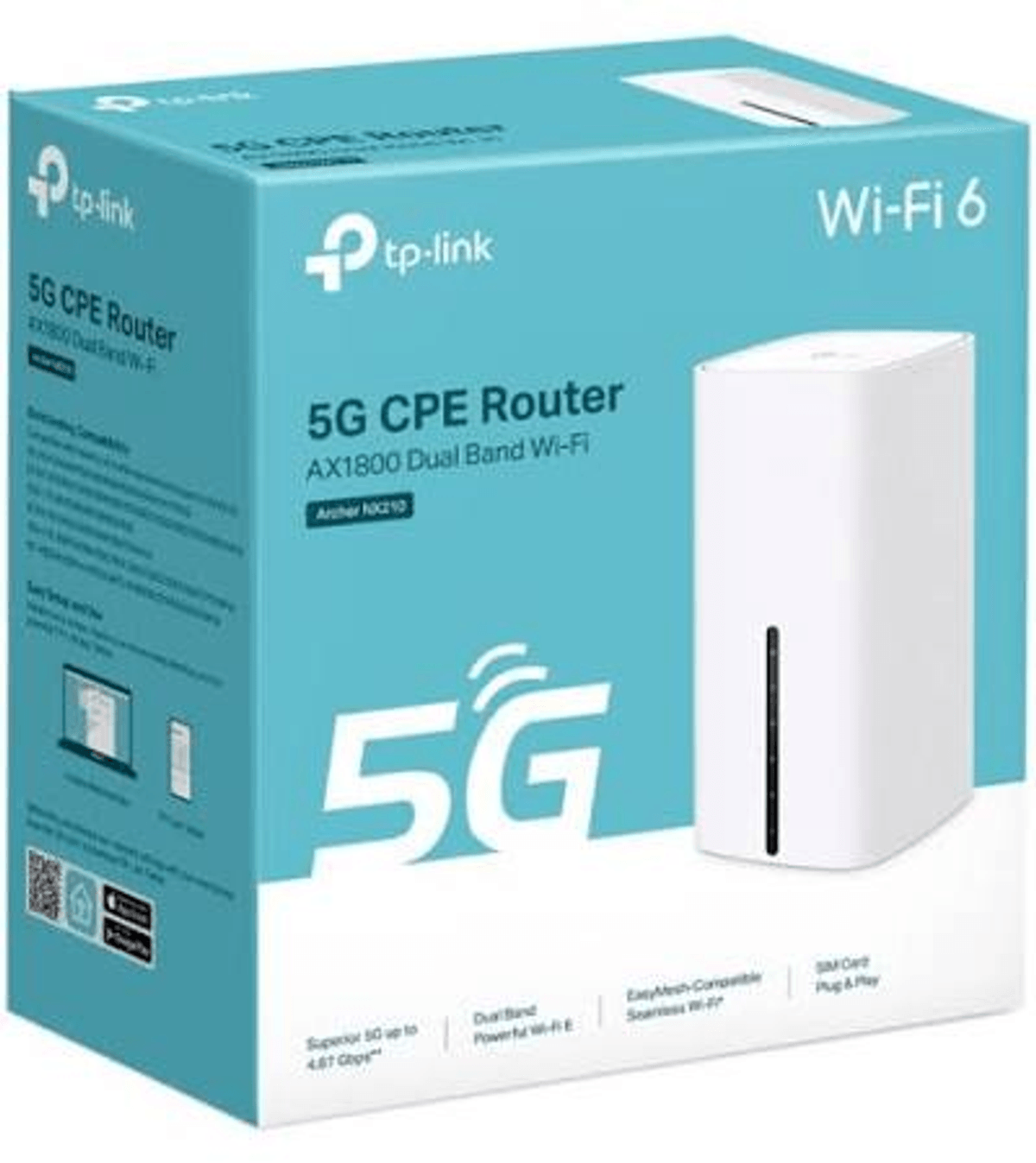 Blaue Verpackung des TP-Link 5G CPE Routers mit weißem Gerät und technischer Beschreibung.