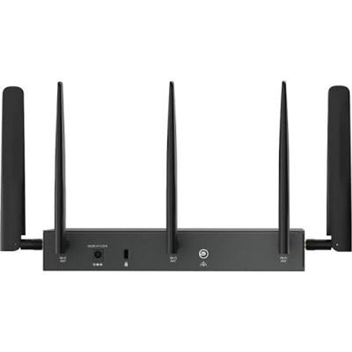 Un router wireless nero con cinque antenne verticali e varie porte posteriori.