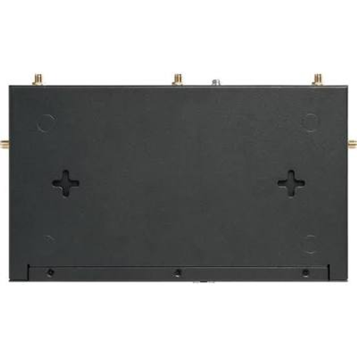 Un involucro metallico nero rettangolare con piccoli connettori per antenna dorati e slot di montaggio.