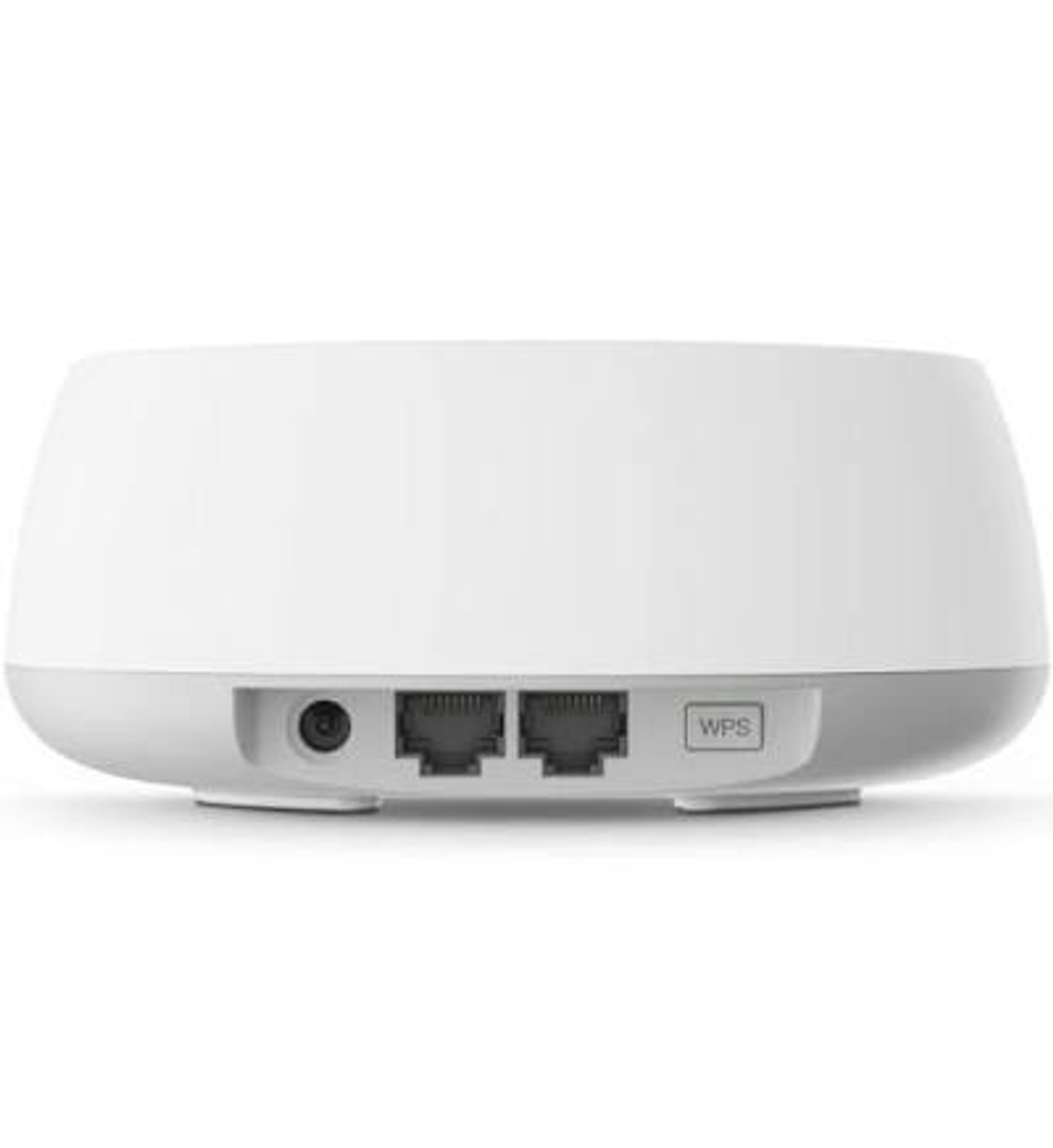 Rückseite eines weißen Routers mit Stromanschluss, zwei LAN-Ports und einer WPS-Taste.