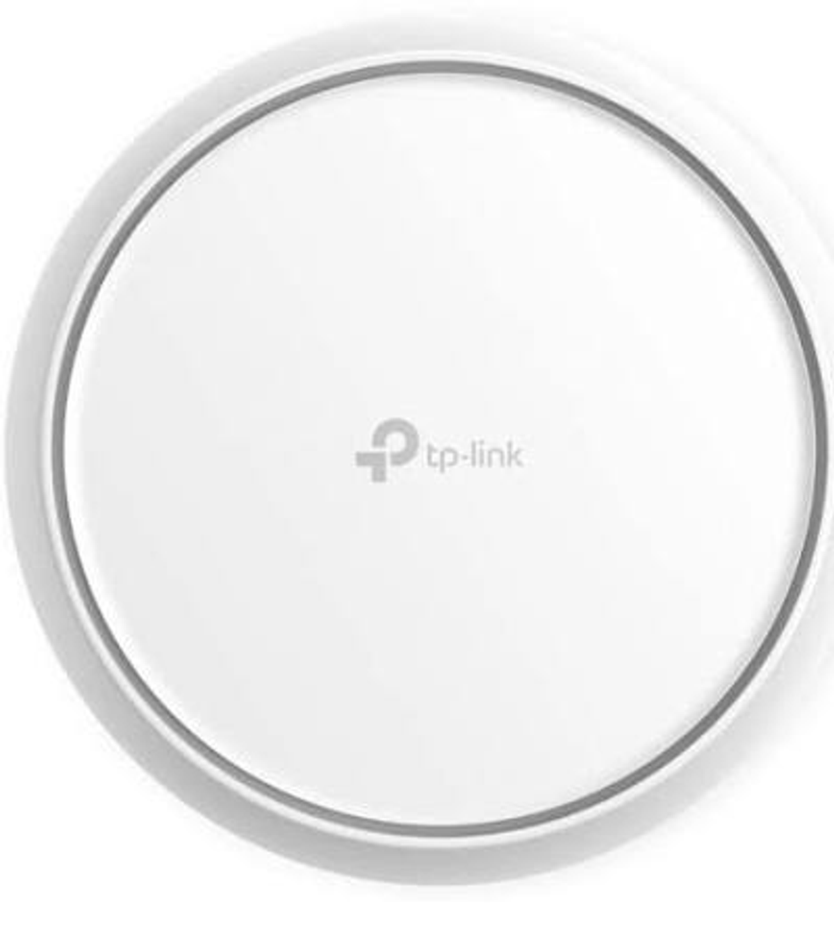 Ein weißer, runder TP-Link WLAN-Router mit grauem Ring auf einer weißen Oberfläche.