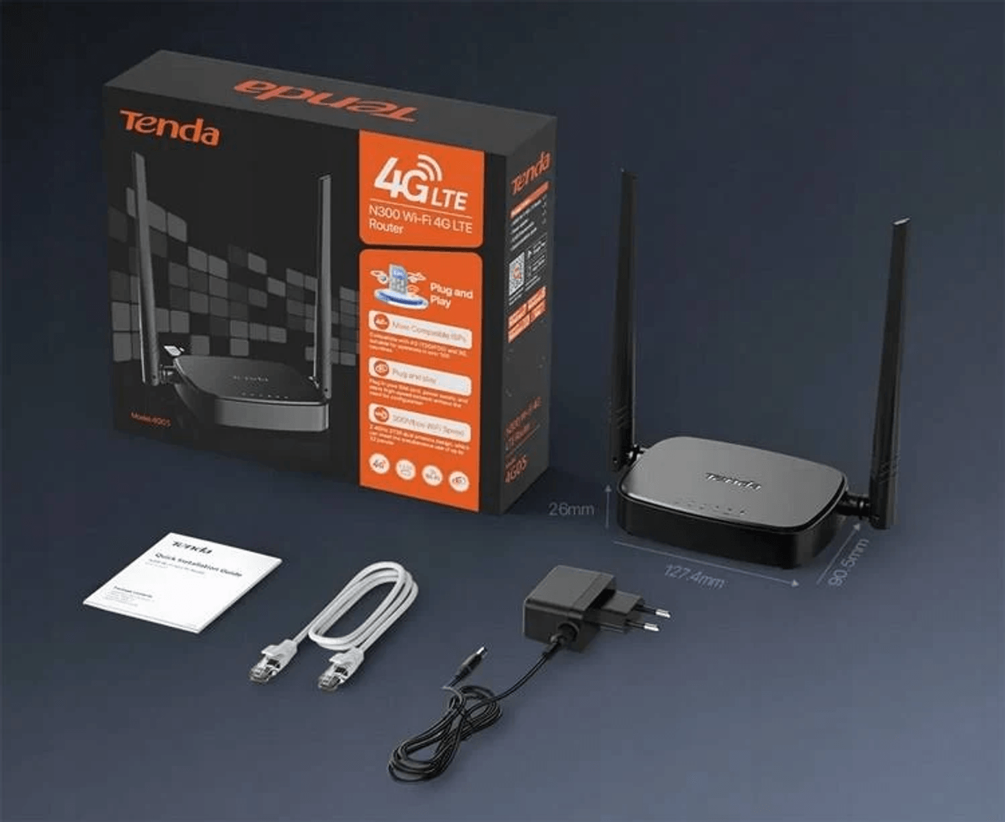 Tenda 4G LTE-Router mit Verpackung, Netzteil, Ethernet-Kabel und Anleitung auf dunkler Oberfläche.