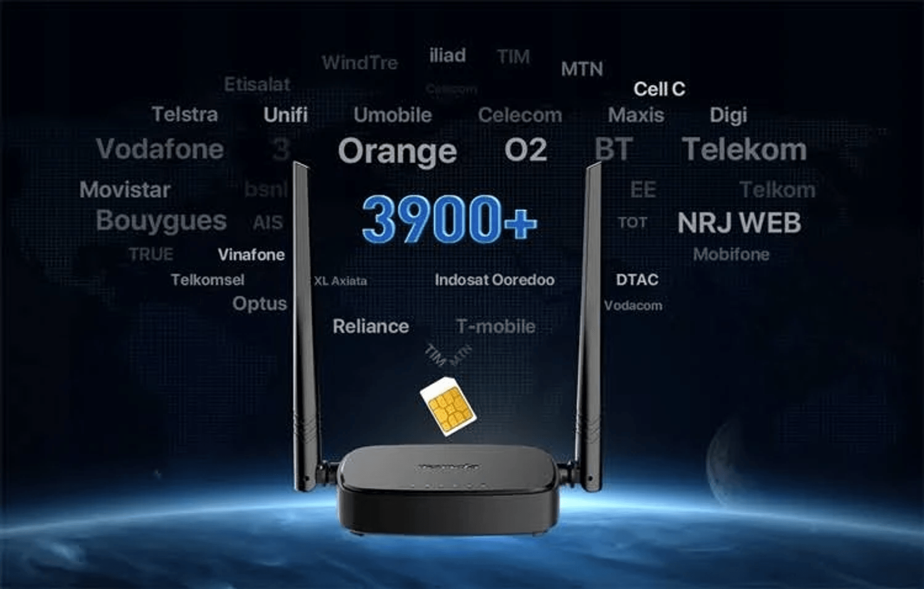 Ein schwarzer WLAN-Router mit zwei Antennen steht vor einem blauen Hintergrund mit globalen Telekommunikationslogos.