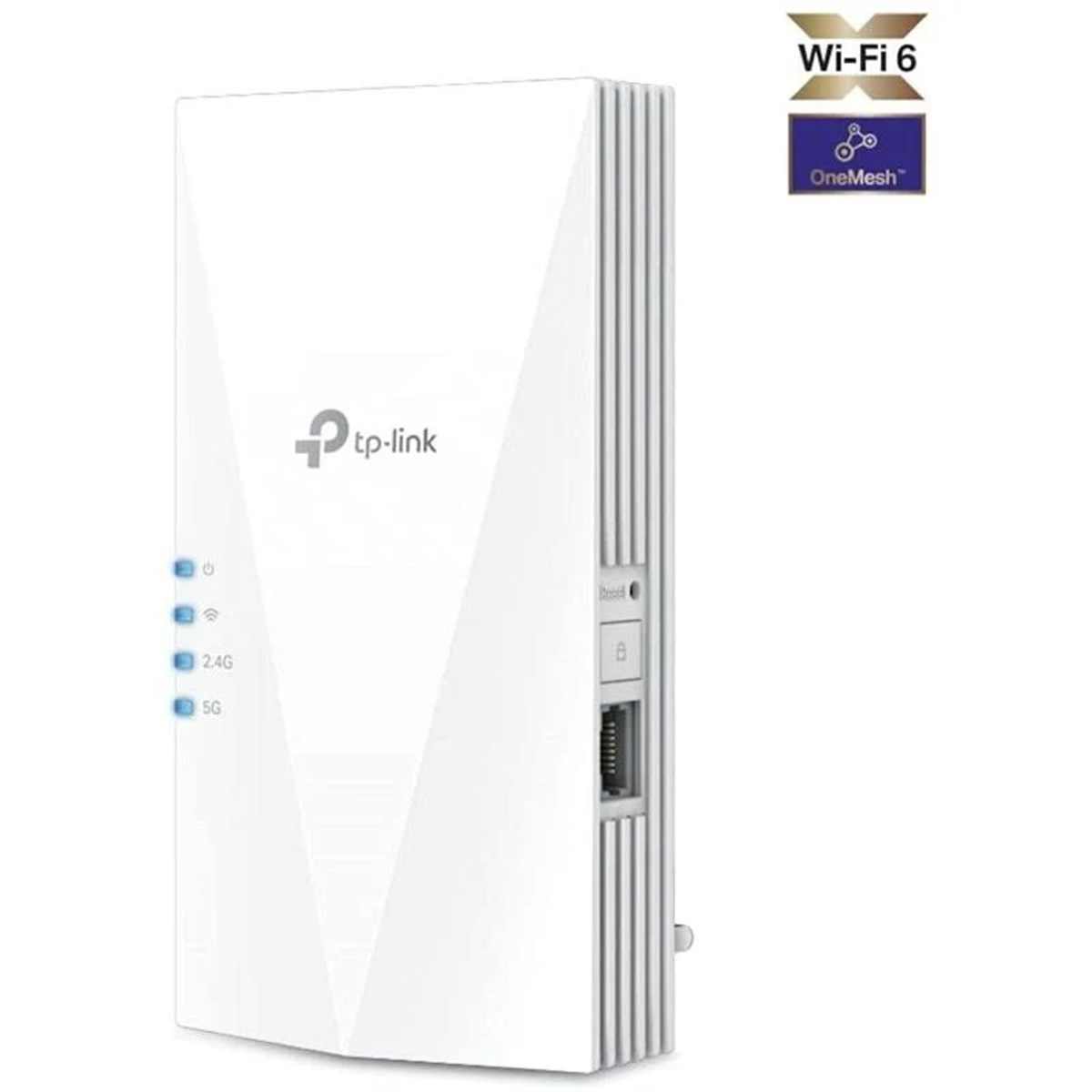 Mavi gösterge ışıkları ve ethernet portuna sahip beyaz TP-Link Wi-Fi 6 menzil genişletici.