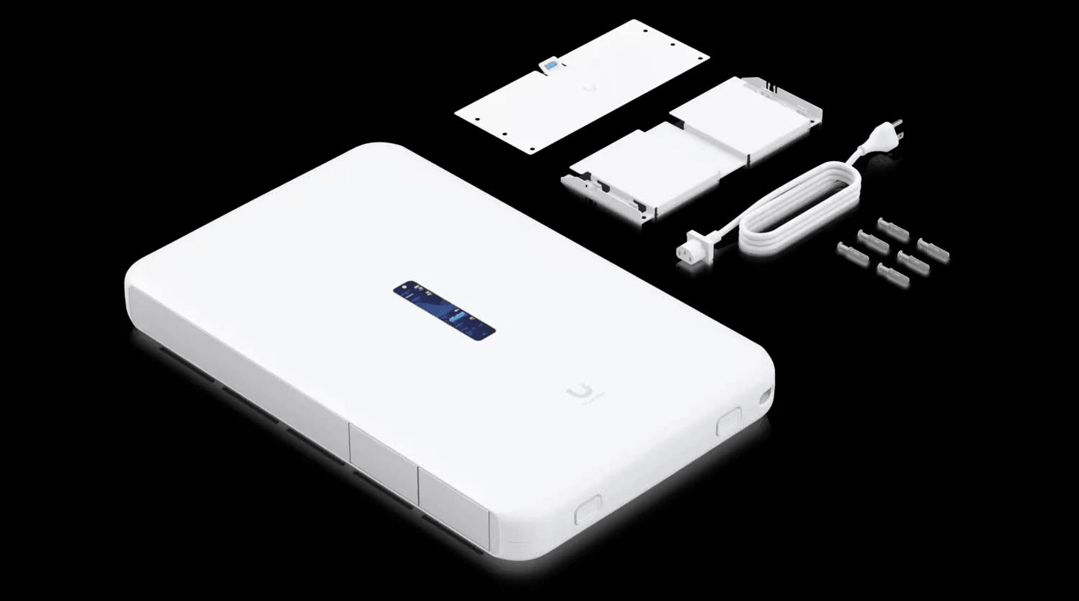 Dispositivo elettronico bianco con display, cavo di alimentazione e ferramenta di montaggio.