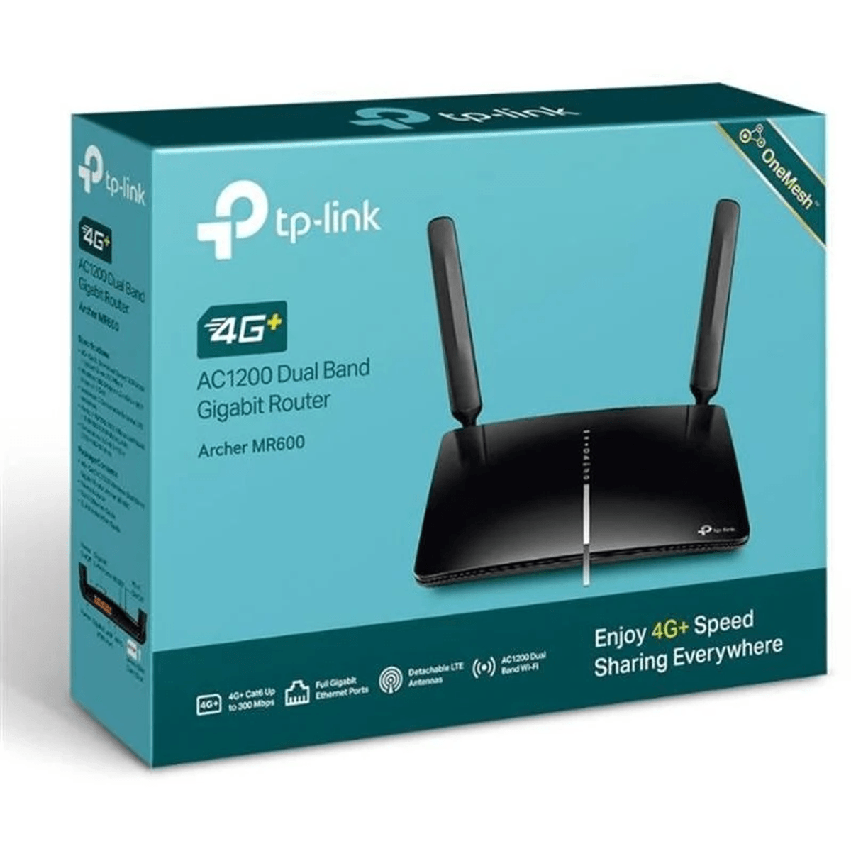 Scatola turchese del router gigabit dual-band TP-Link Archer MR600 4G+.