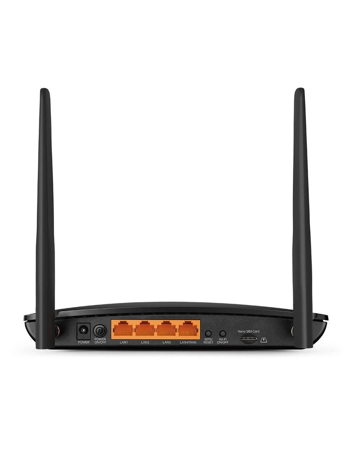 Rückseite eines schwarzen Routers mit zwei Antennen, vier LAN-Ports, Stromanschluss und SIM-Kartensteckplatz.