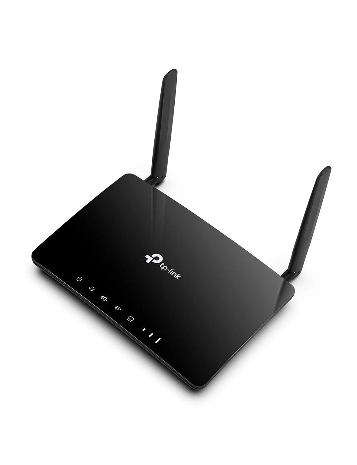 Ein schwarzer TP-Link 4G LTE Router mit zwei vertikalen Antennen auf weißem Hintergrund.