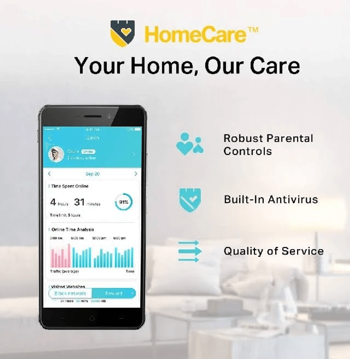 HomeCare-App-Werbung mit einem Telefon, das Nutzungsstatistiken, Kindersicherung und Antivirensoftware anzeigt.