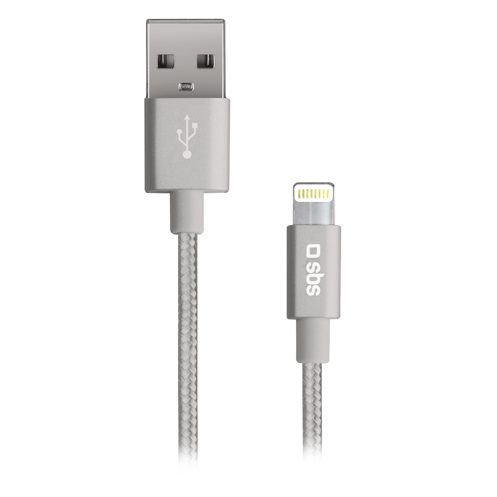 Un cable trenzado plateado de USB-A a Lightning sobre fondo blanco.