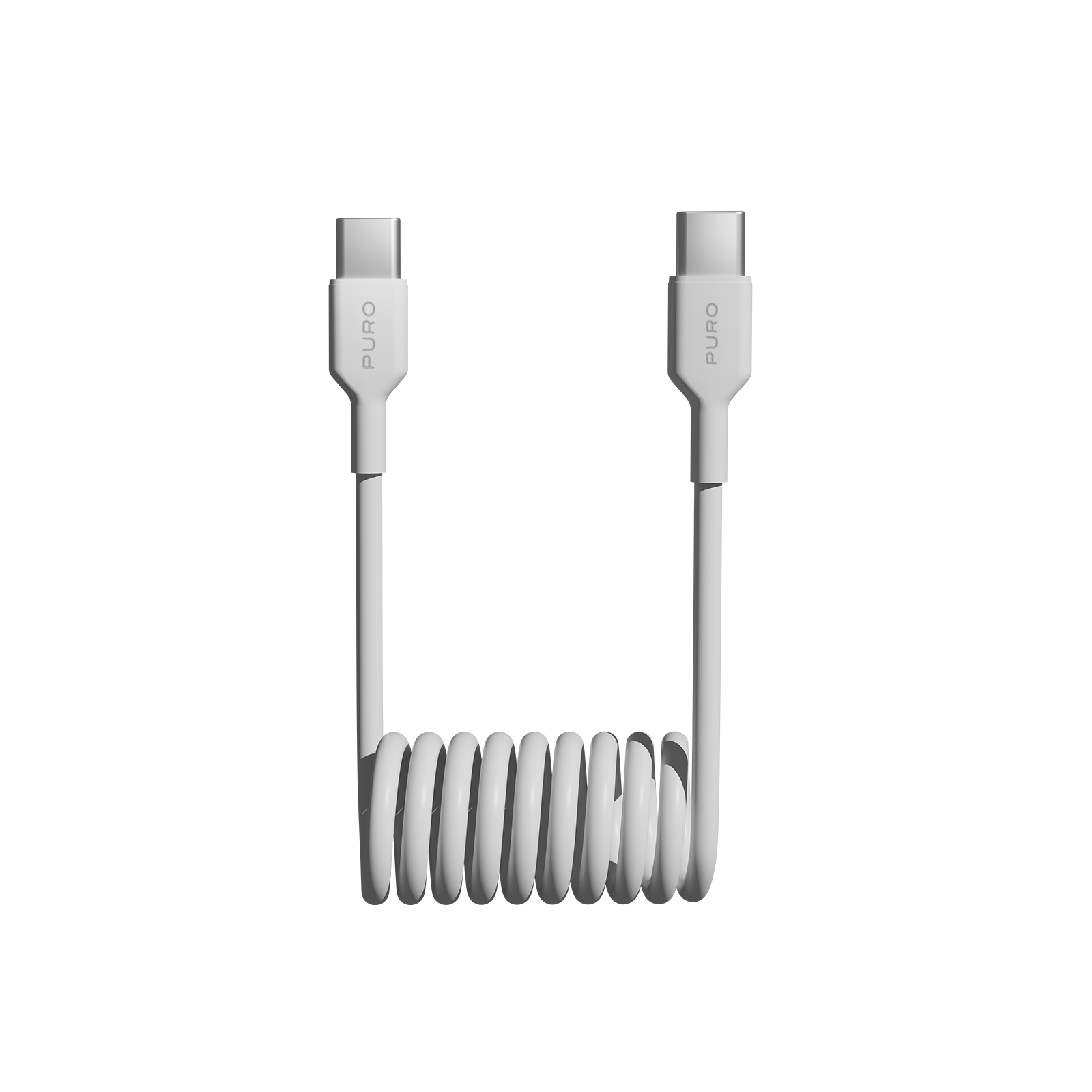 Un cable USB-C a USB-C enrollado de color blanco sobre un fondo blanco liso.