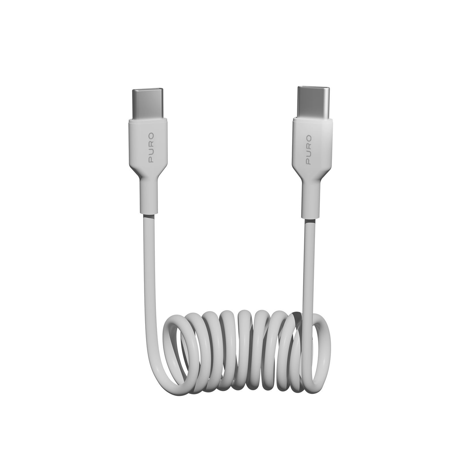 Un cable USB-C a USB-C en espiral de color blanco con el logotipo de la marca Puro en ambos conectores, sobre fondo blanco.