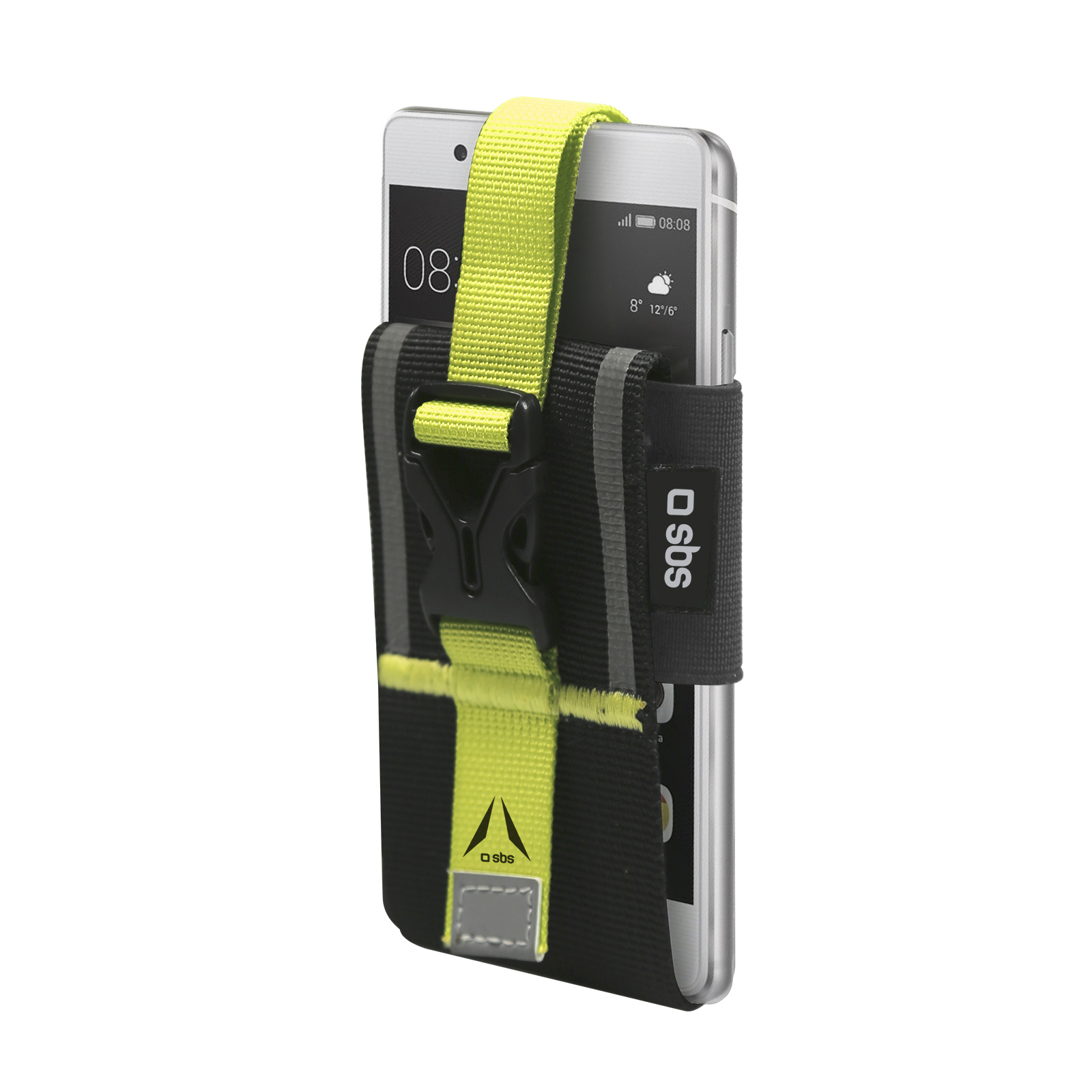 Un smartphone en un soporte negro con una correa verde brillante y hebilla de plástico.